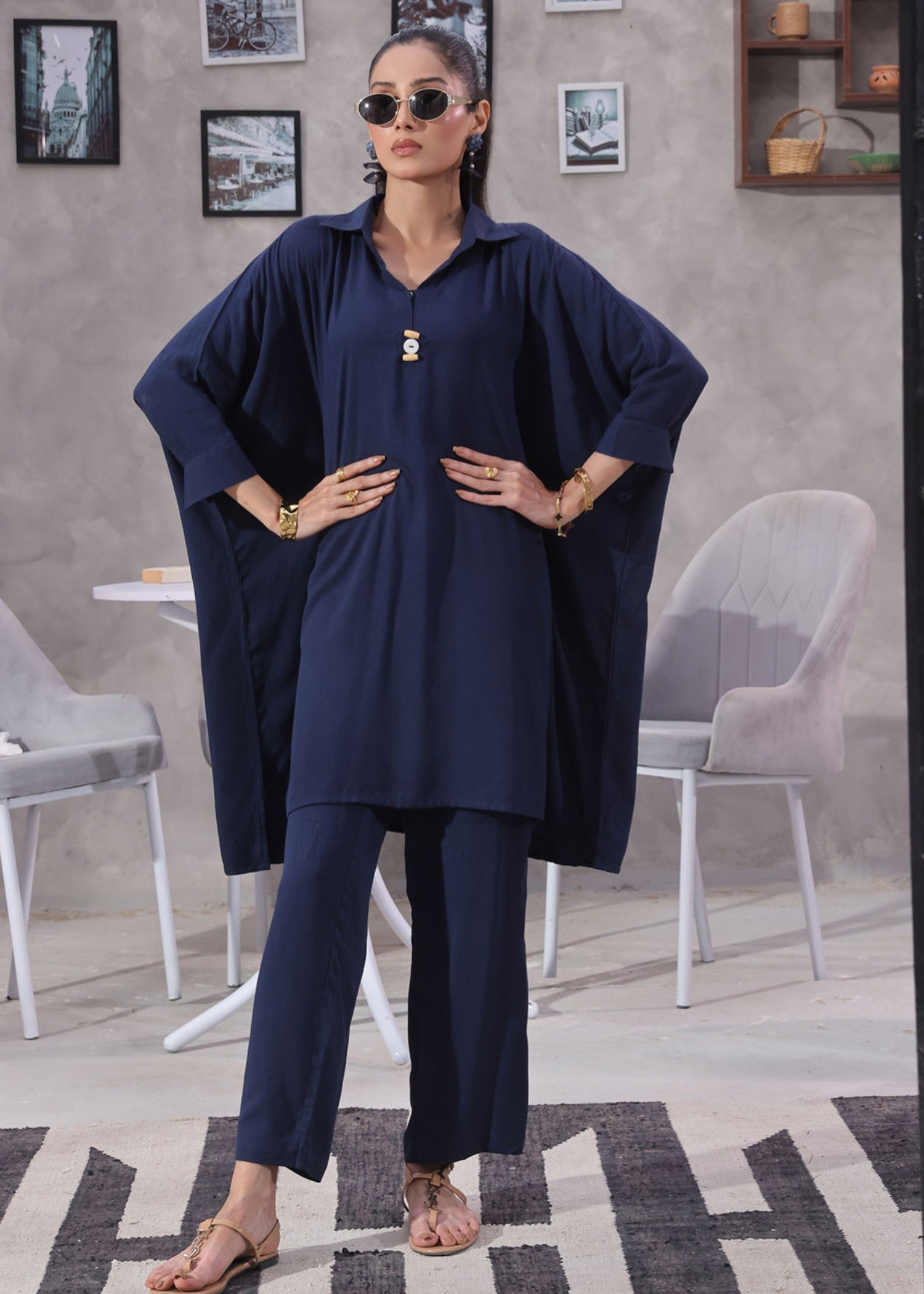 cotton dobby Kaftan in Blue