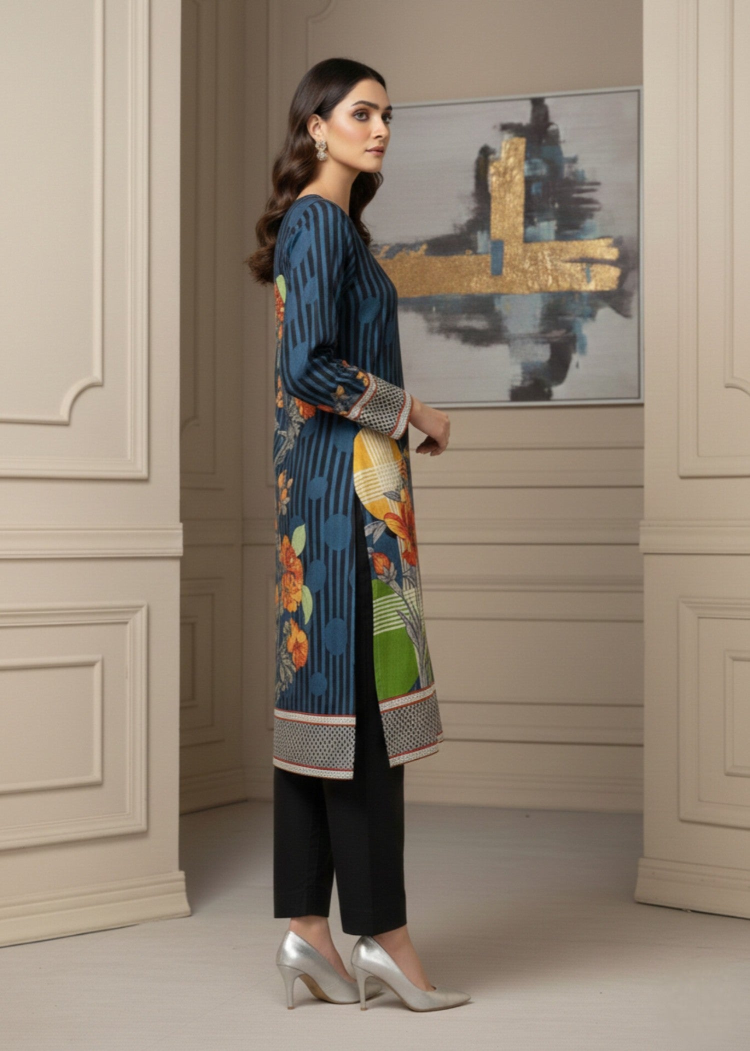 linen Kurta Set in Black, navy blue, cobalt blue