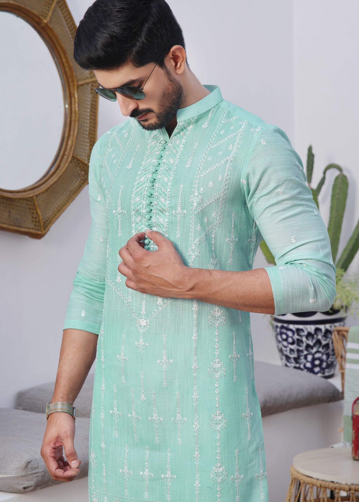 khaddi net Kurta Set in Sky blue
