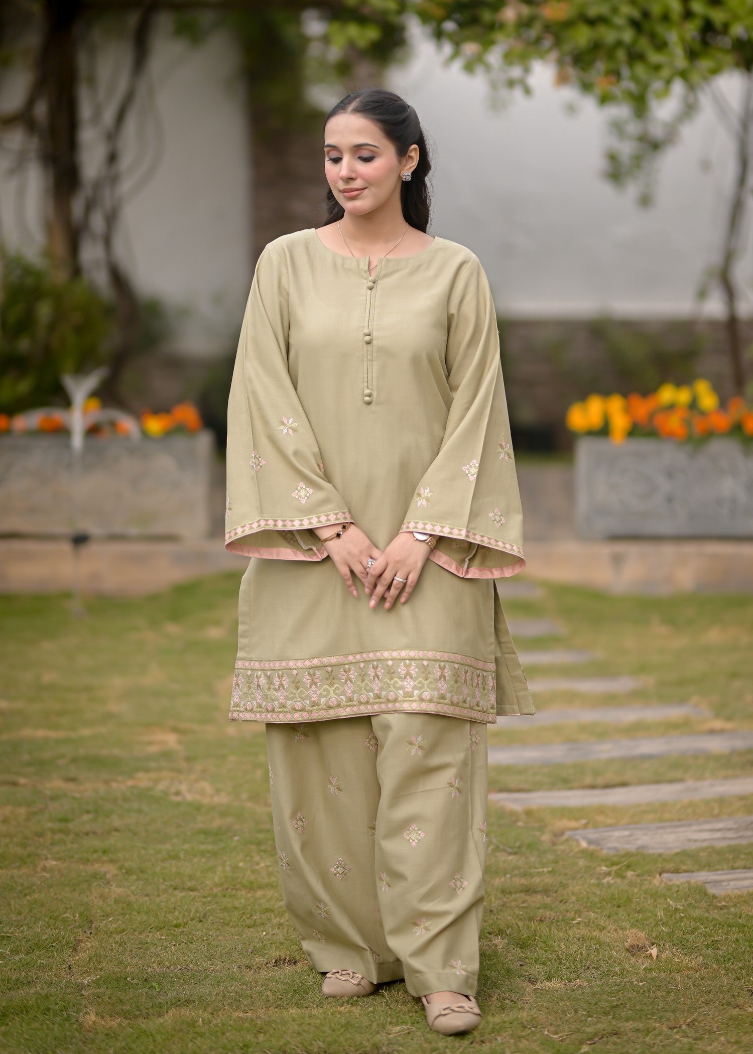 khaddar Kurta Set in Pistachio green