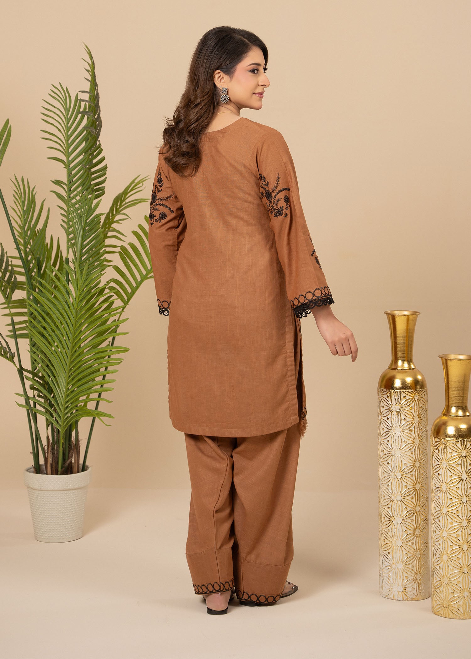 slub khaddar Kurta Set in Camel brown