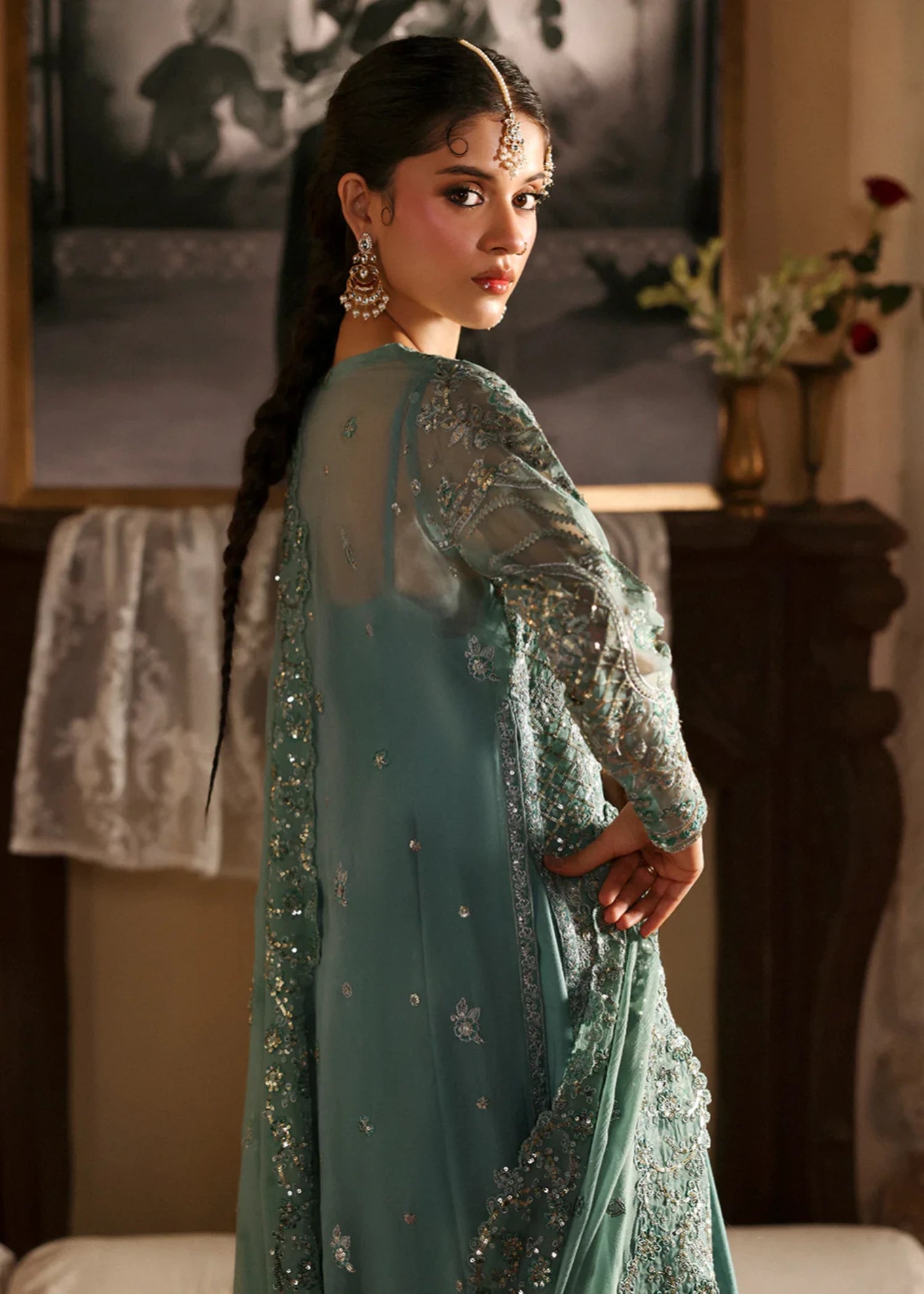 organza Unstitched in Jade green