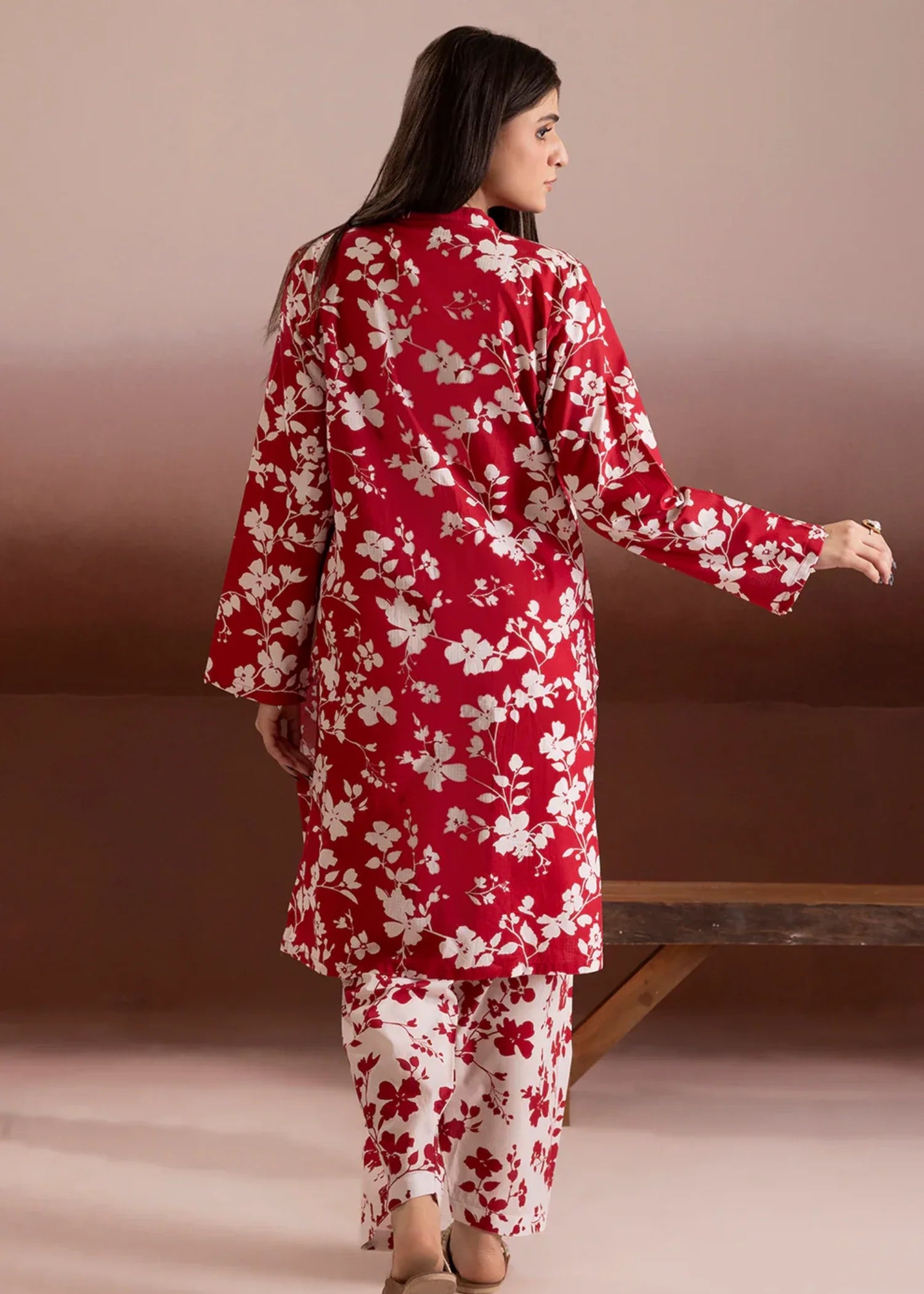 cambric Kurta Set in Red, white