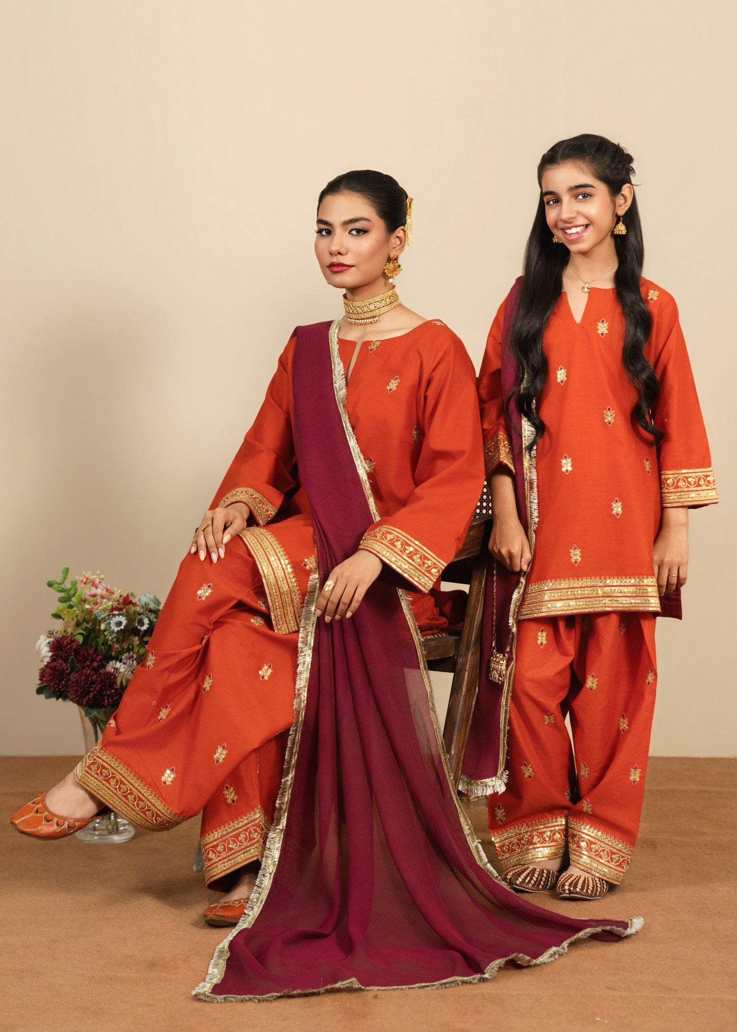 cotton Kurta Set in Rust orange