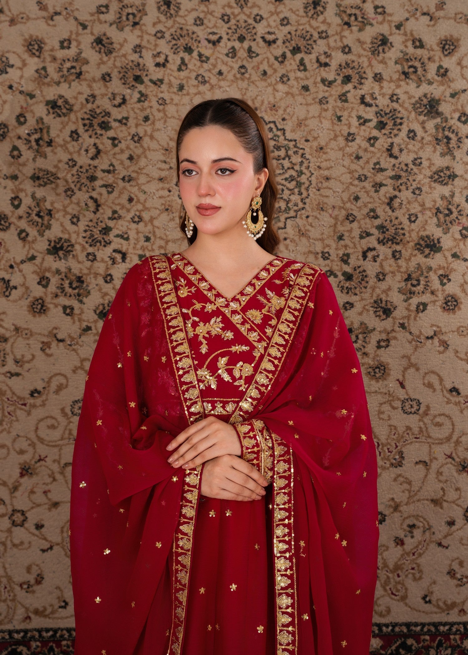 crinkle chiffon Angrakha in Red