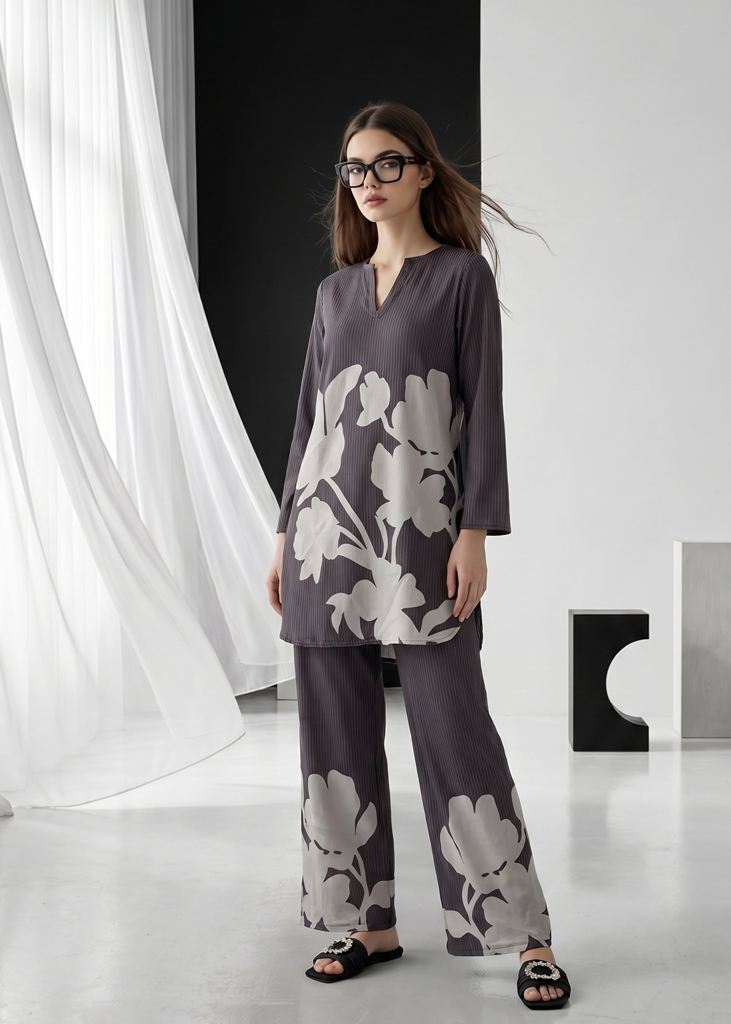 slub lawn Co Ord Sets in Raven grey