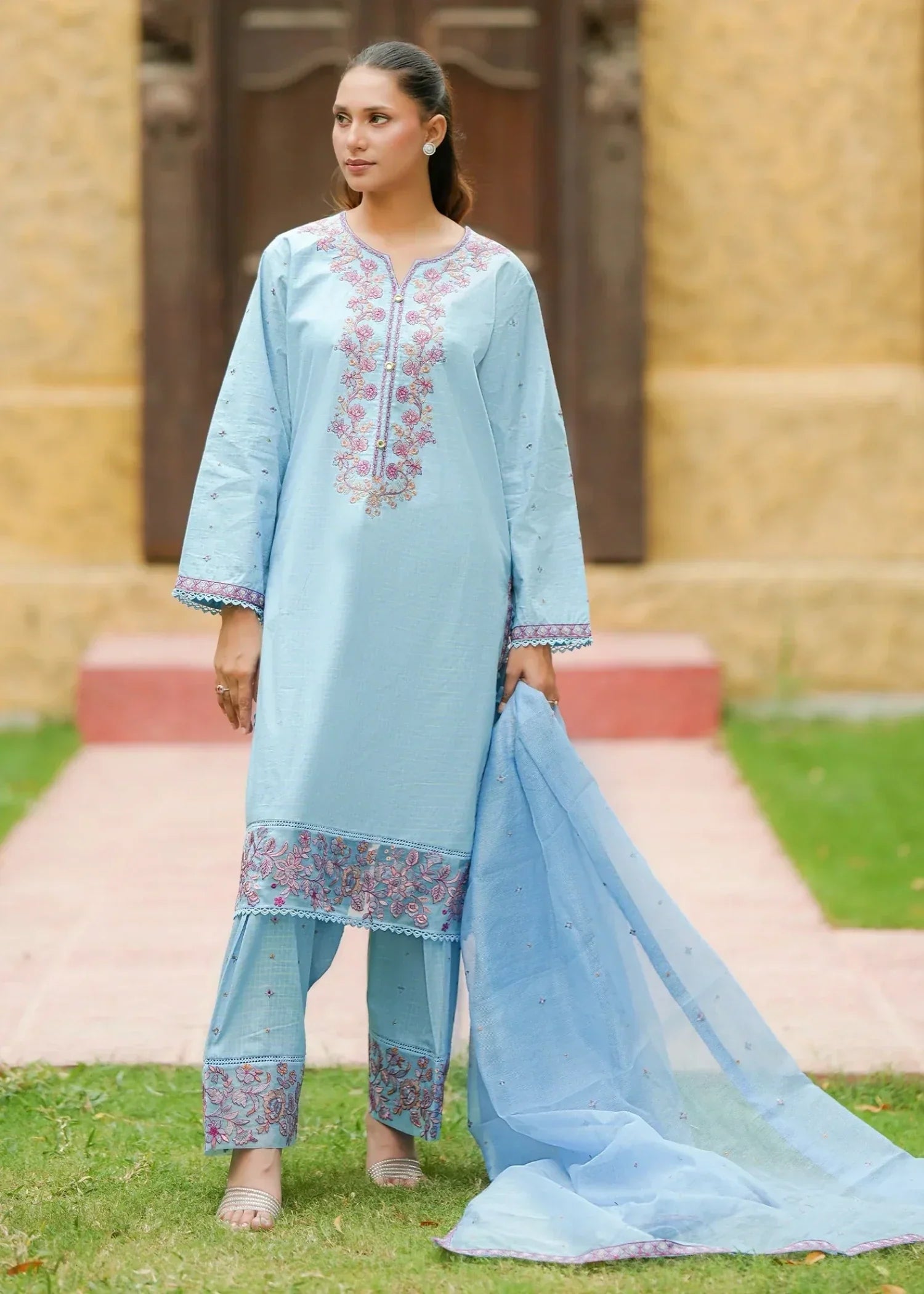 textured lawn Kurta Set in Powder blue