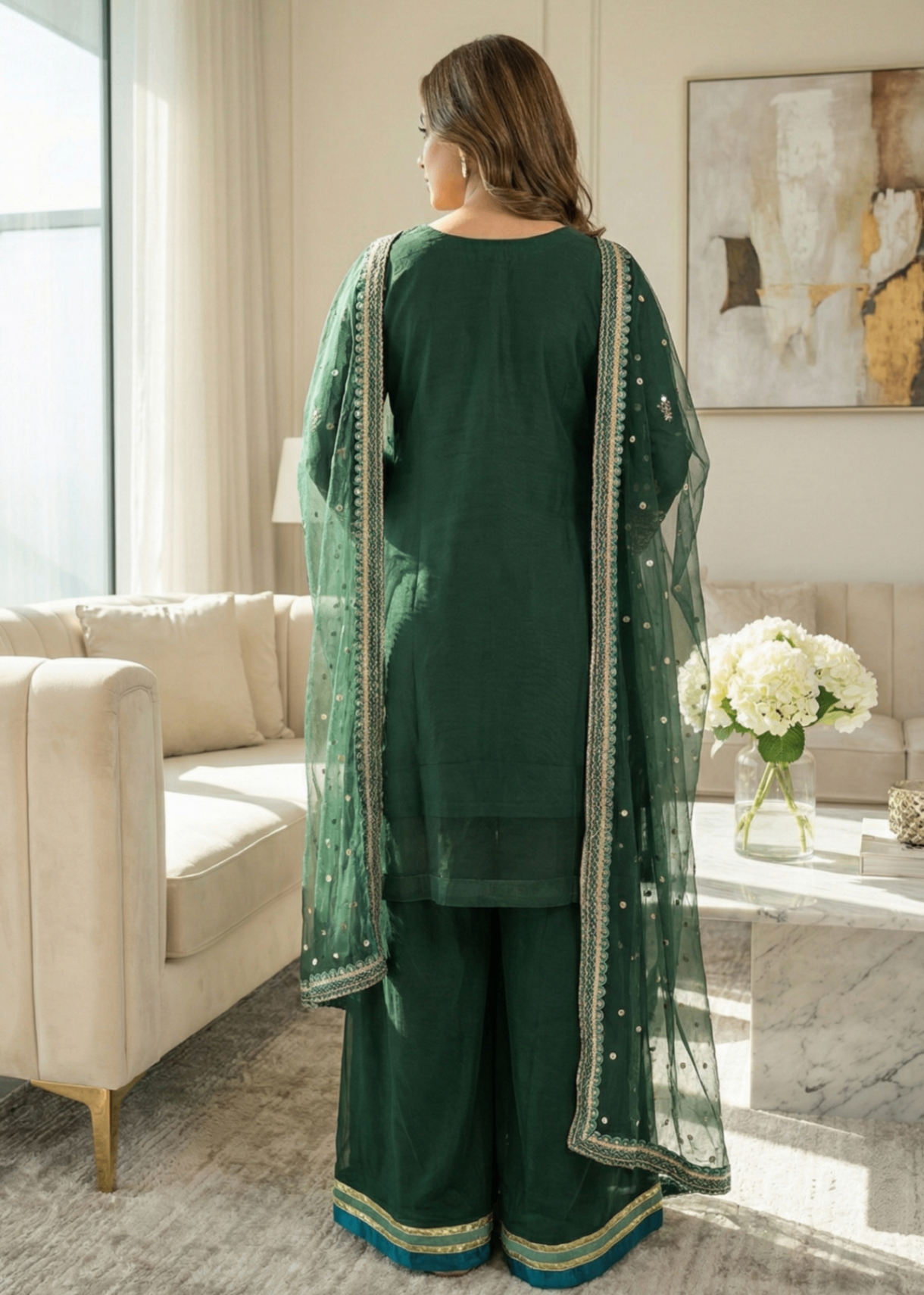 organza Kurta Set in Bottle green