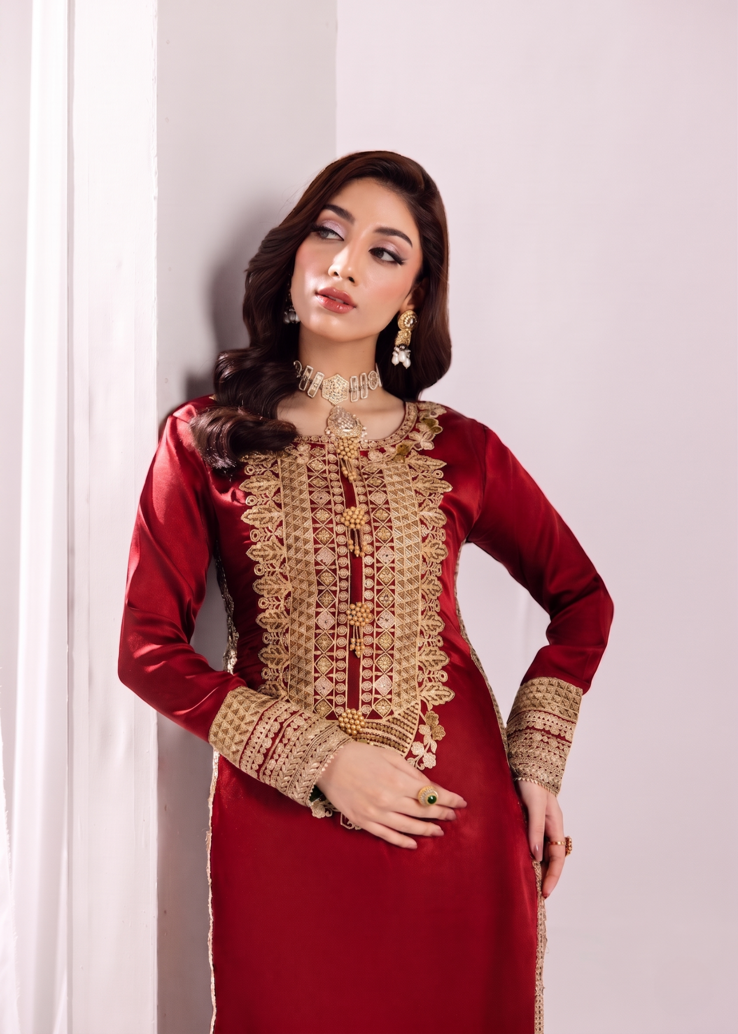 silk Kurta Set in Blood red
