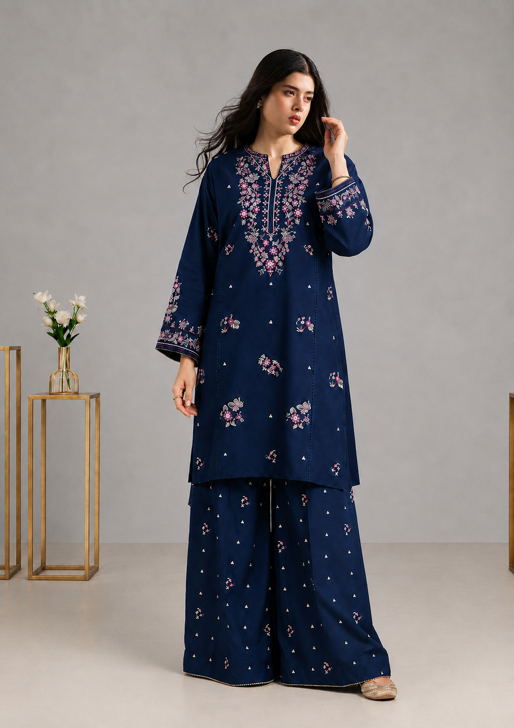 linen Kurta Set in Moonlight blue