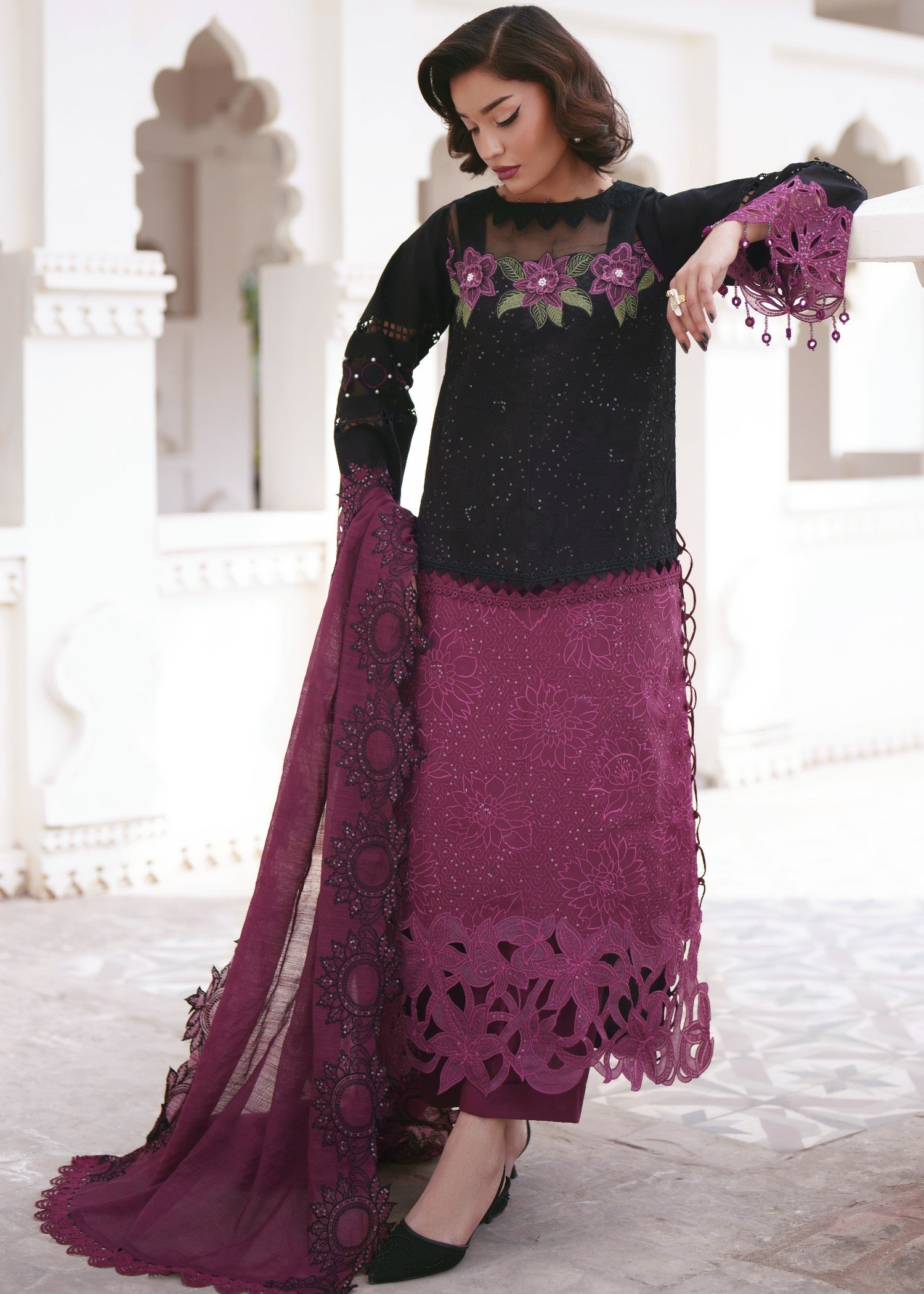 lawn Unstitched in Black, red violet