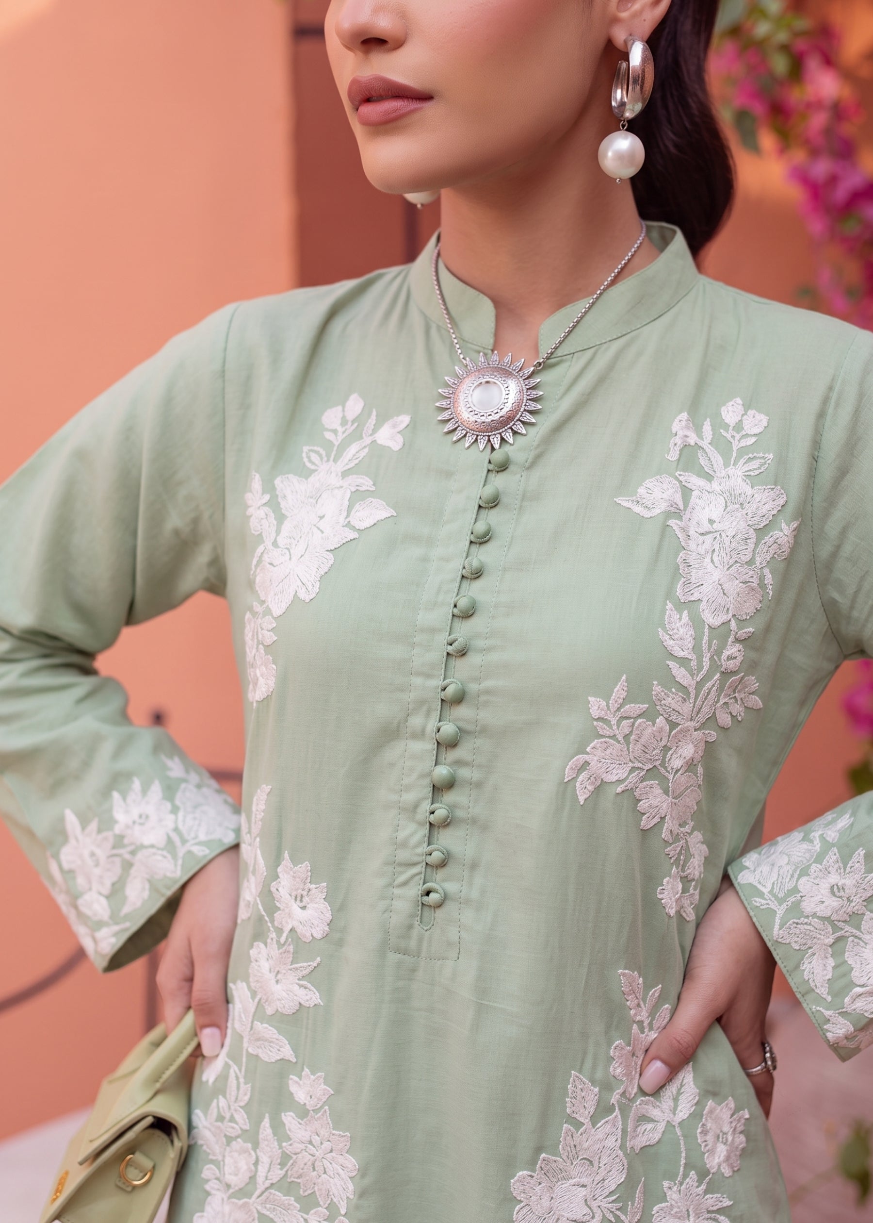 linen Kurta Set in Moss green