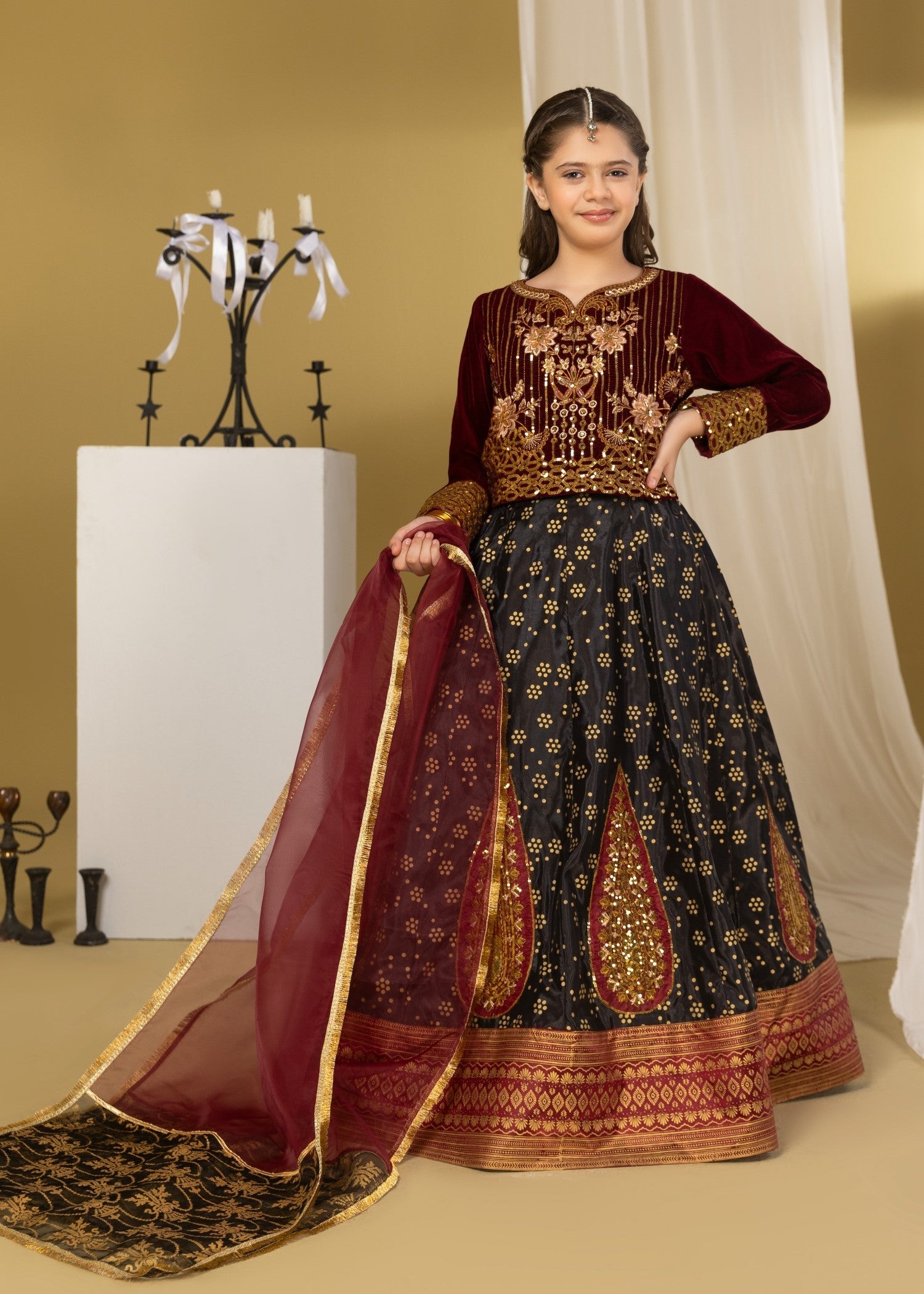 velvet Lehenga in Maroon, black