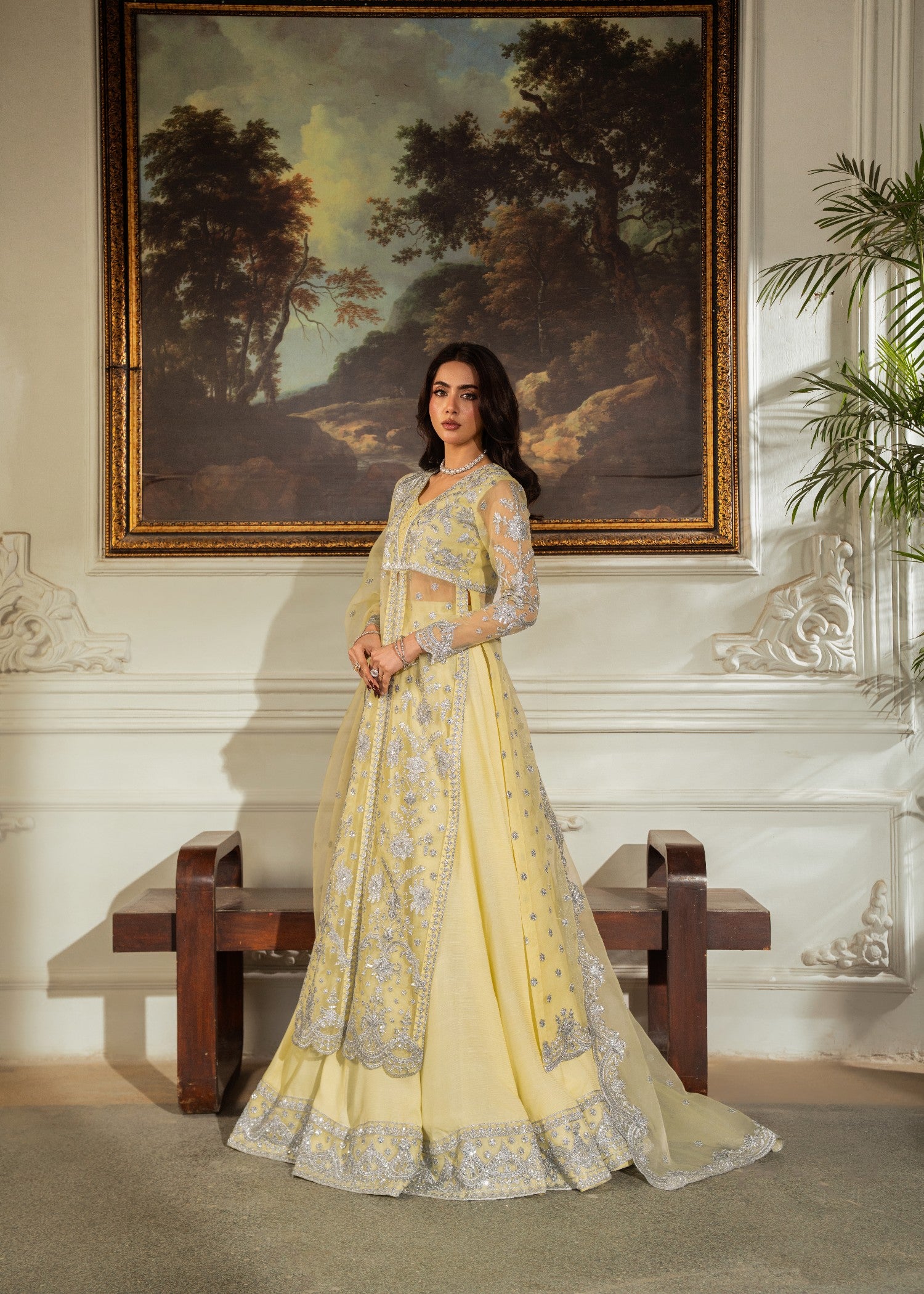 organza Lehenga in Pale yellow