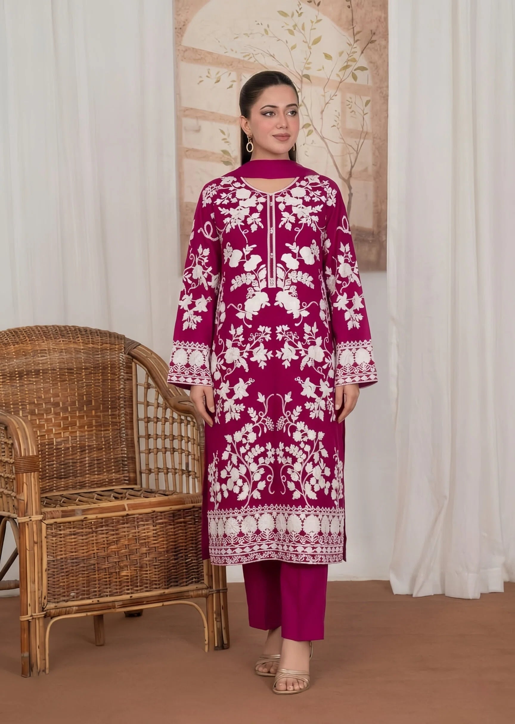 linen Kurta Set in Magenta