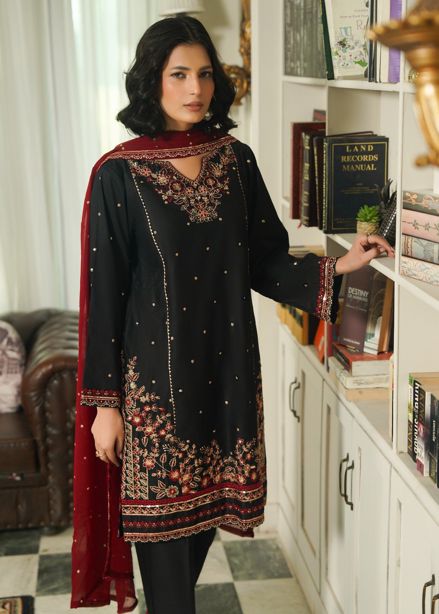 cotton Kurta Set in Black, maroon