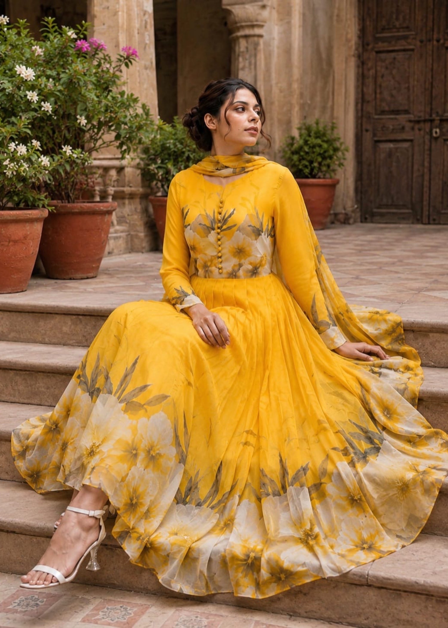 crinkle chiffon Pishwas in Saffron