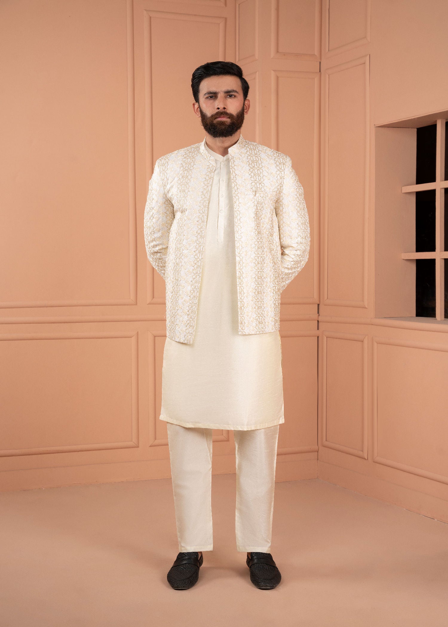 jamawar Prince Coat in Ivory