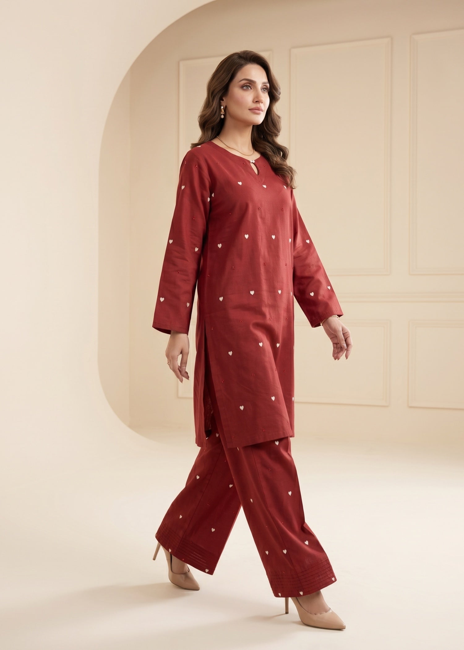 lawn cotton Co Ord Sets in Maroon