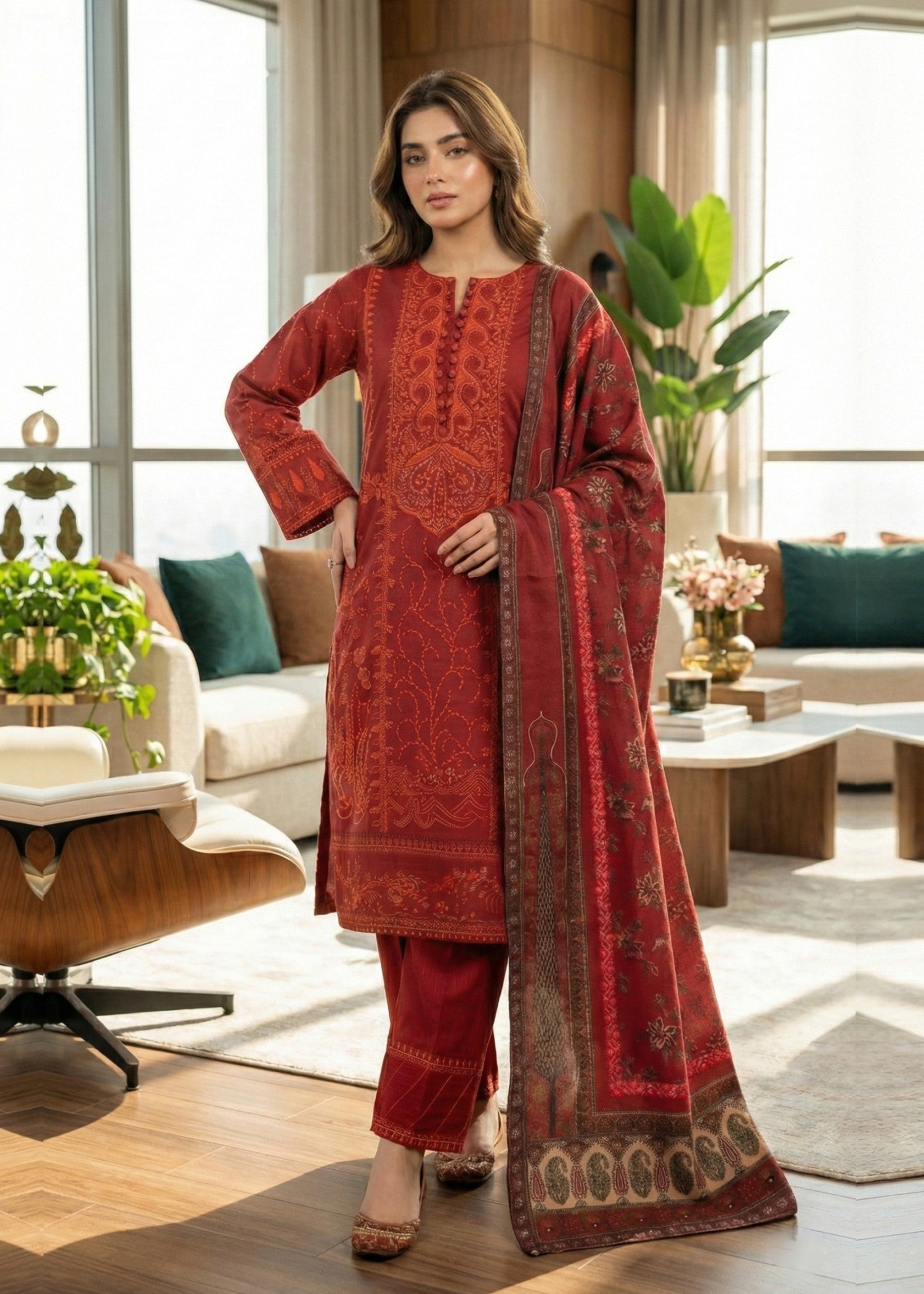 khaddar Kurta Set in Deep carmine