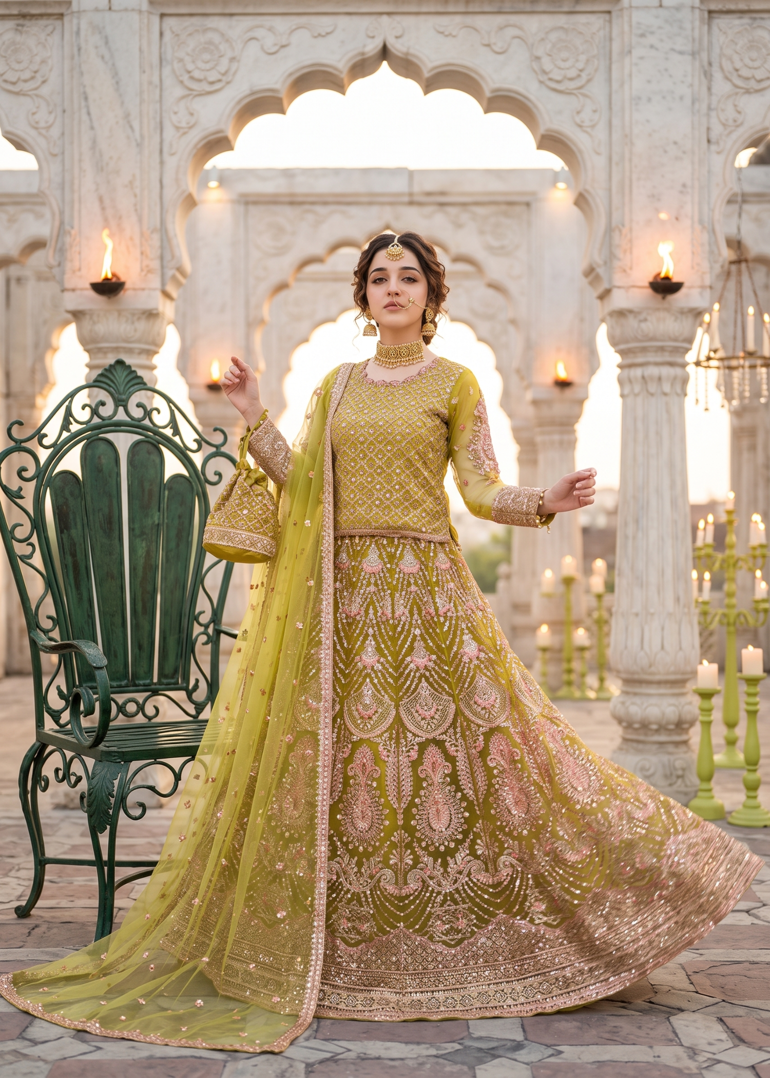 net Lehenga in Pink, pear
