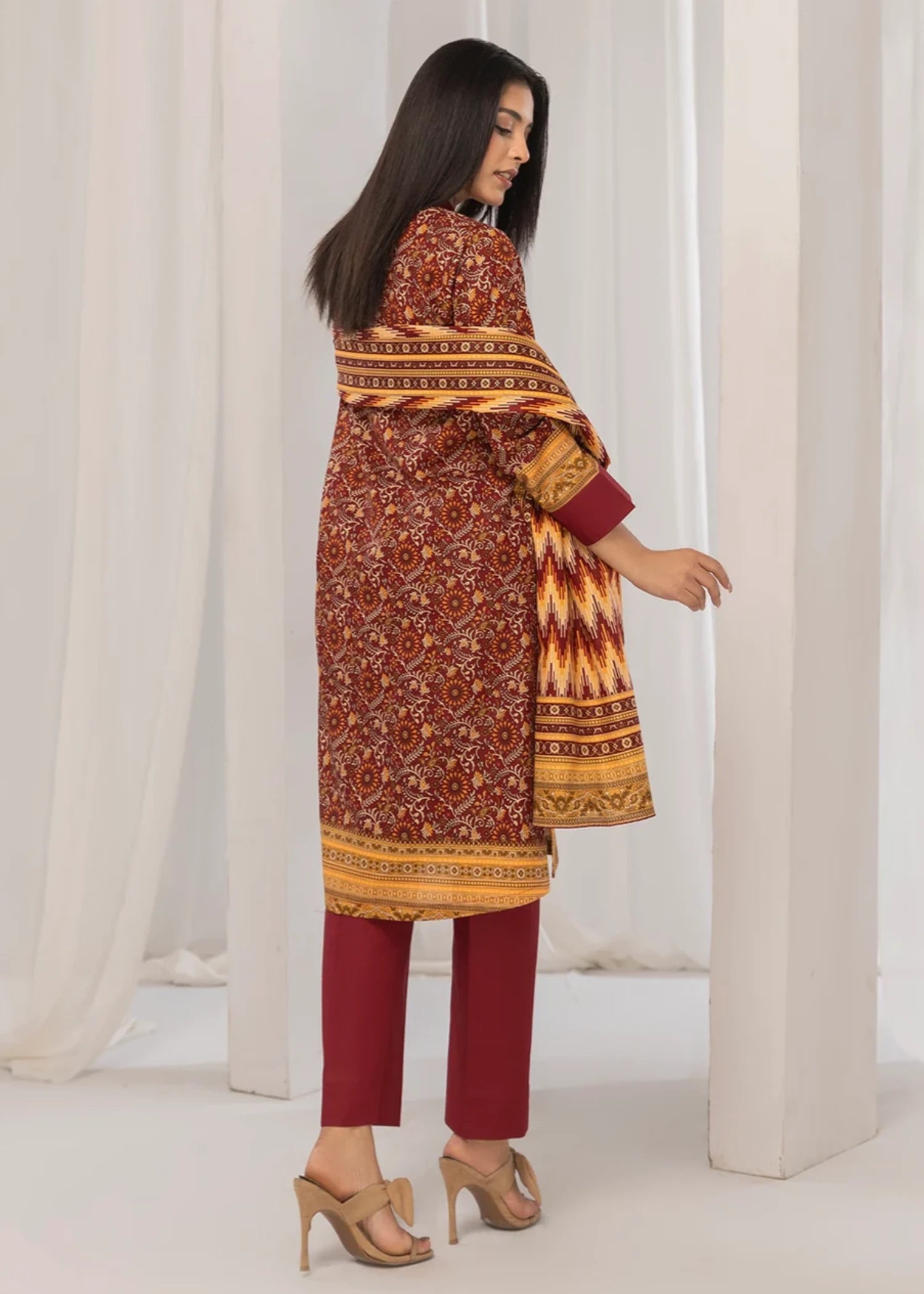 khaddar Unstitched in Burgundy, beeswax