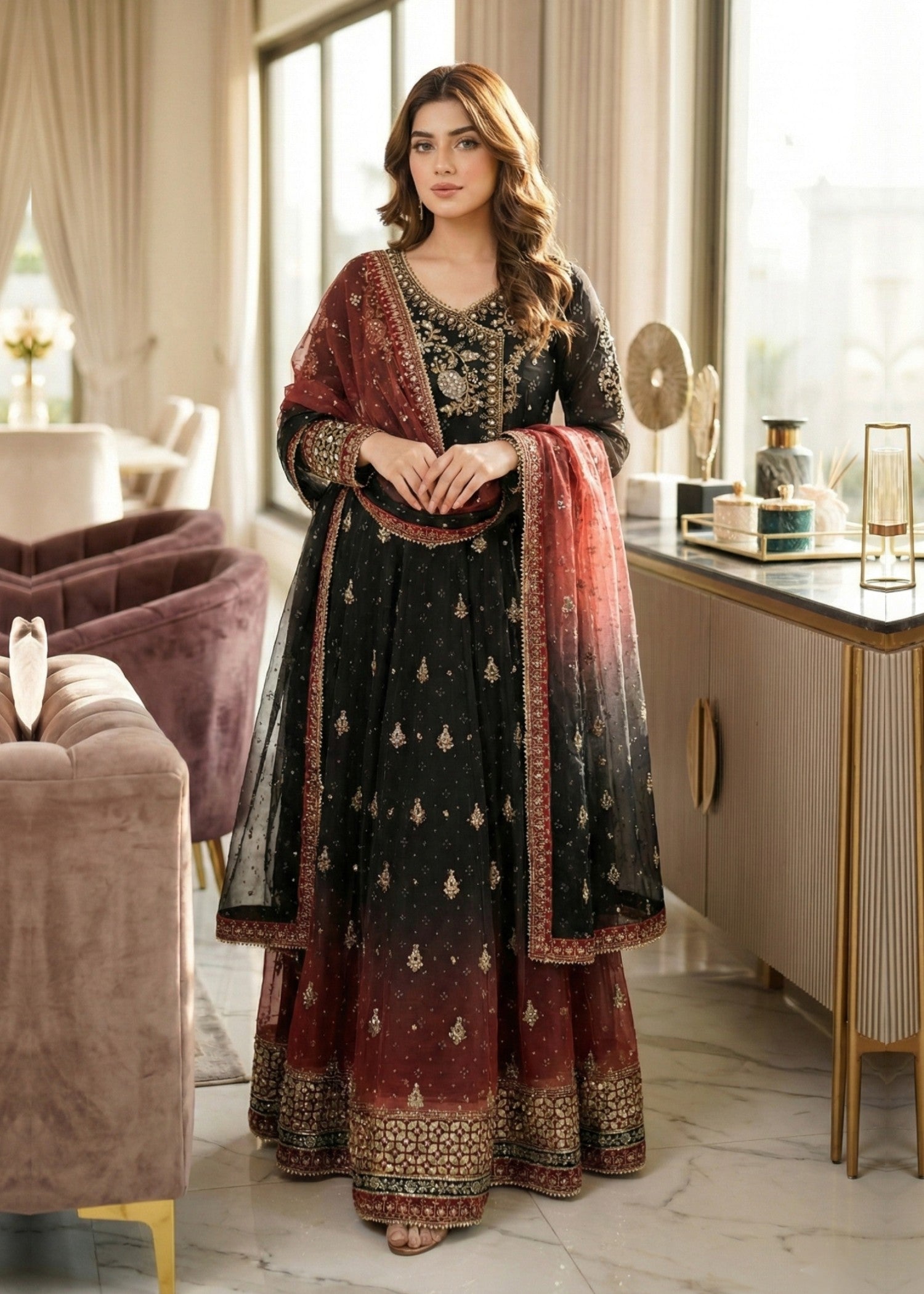 chiffon Angrakha in Black