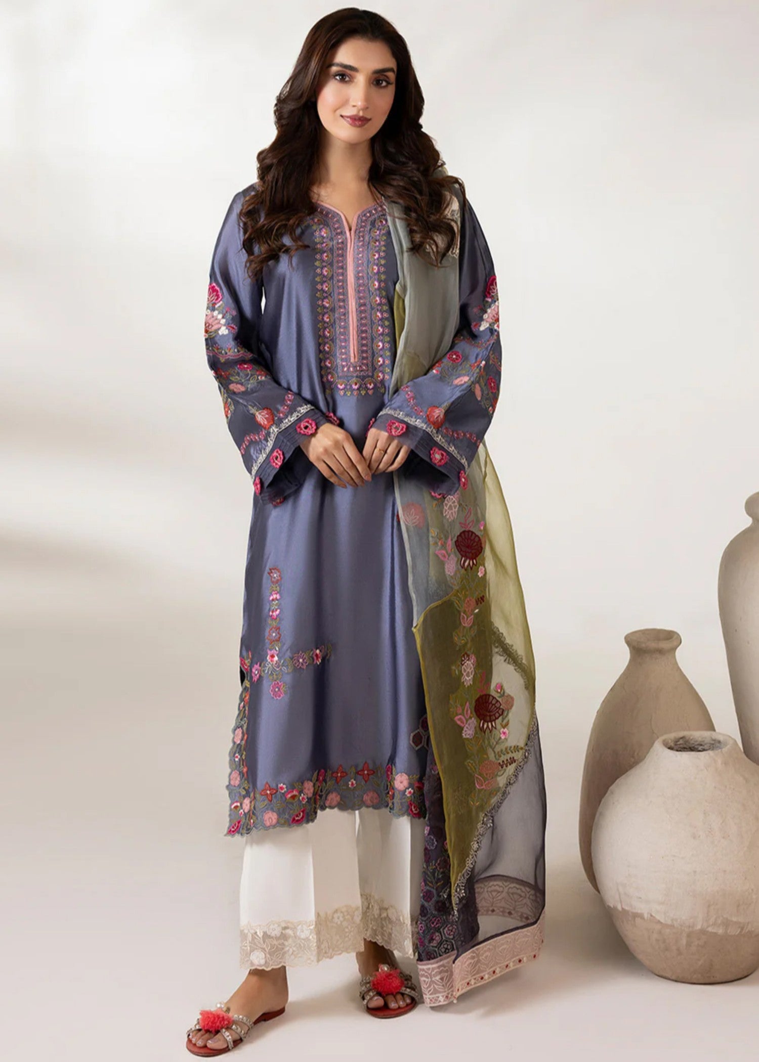 cotton silk Kurta Set in Purple ash
