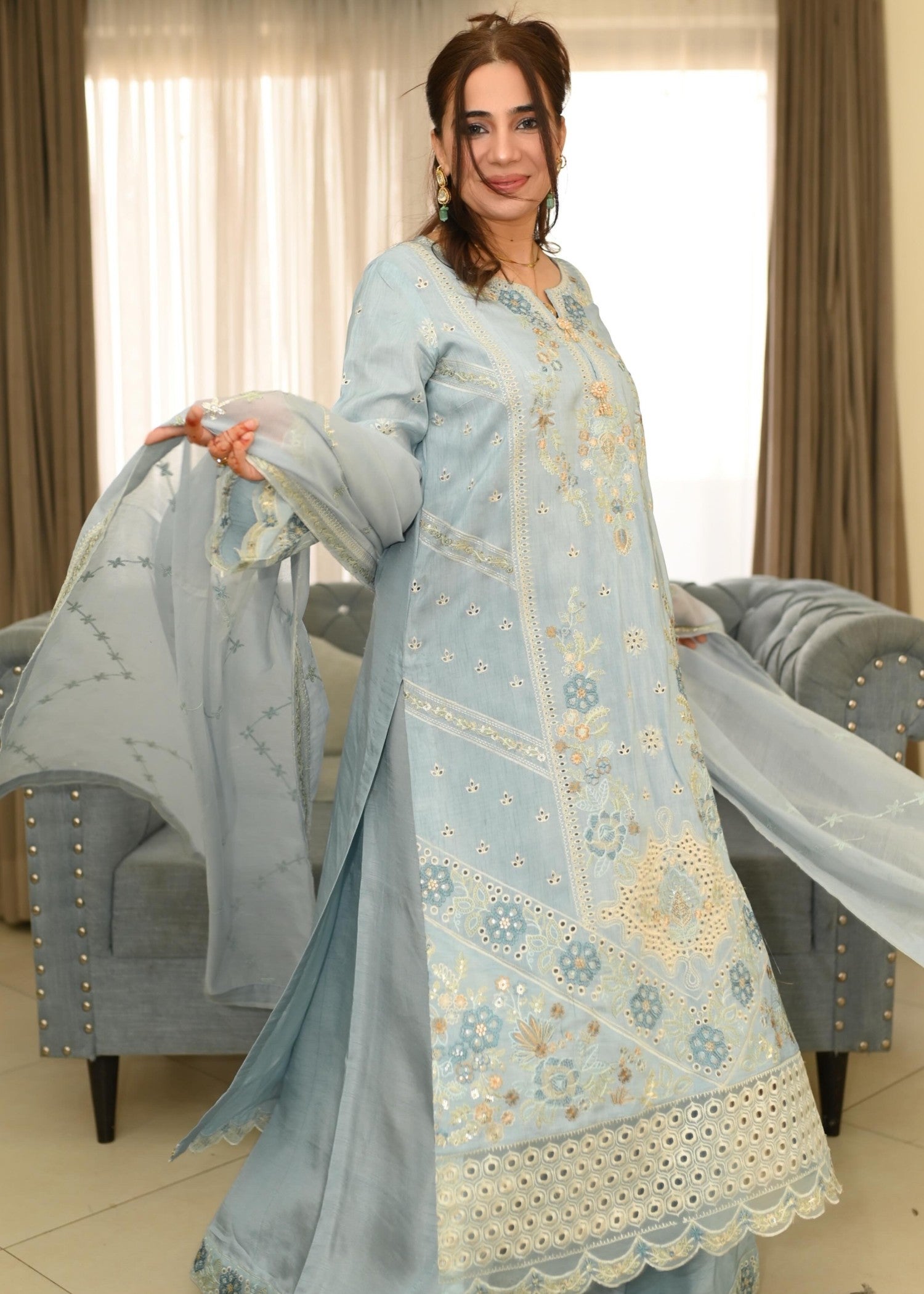 korean raw silk Sharara in Powder blue