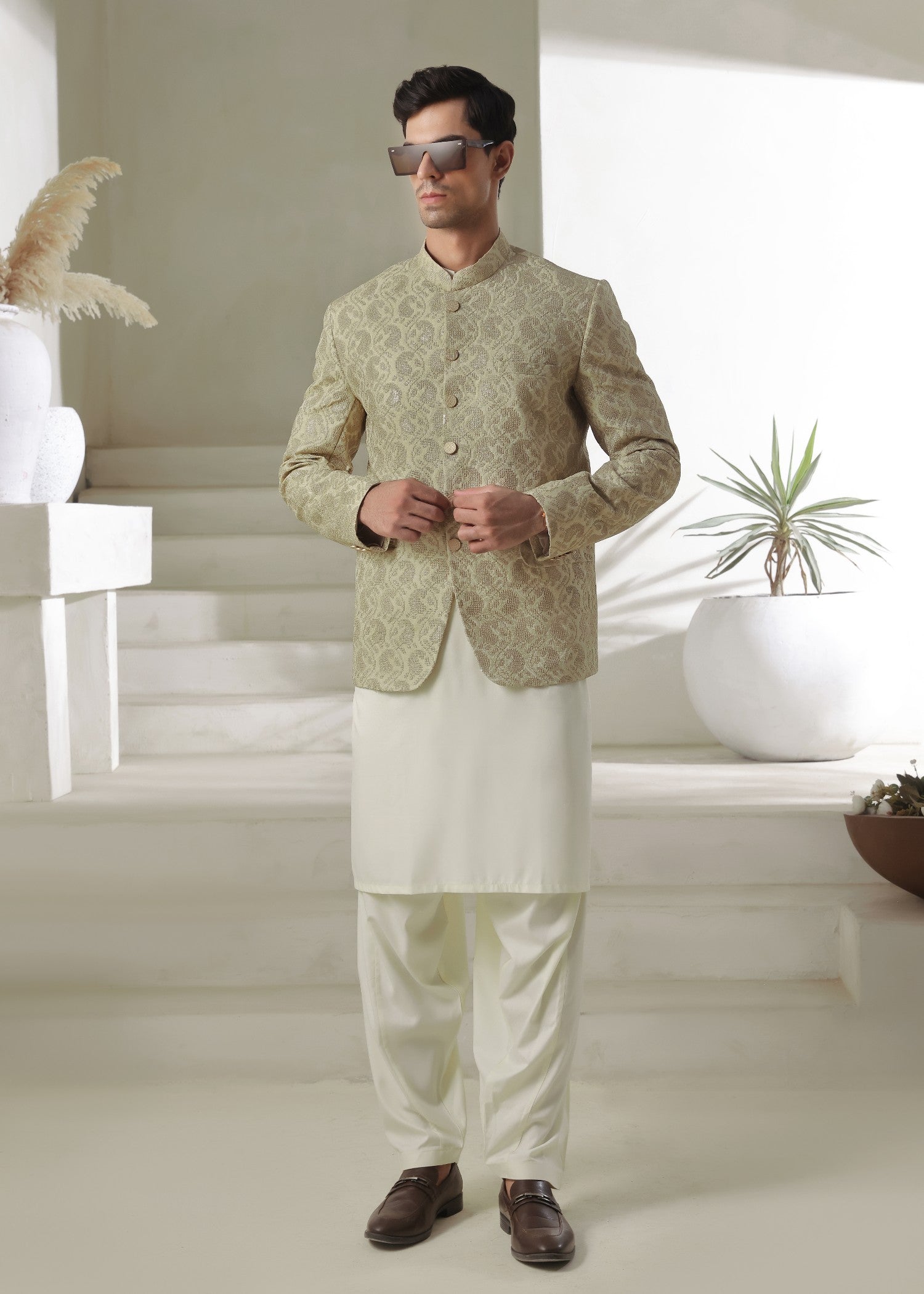 jamawar Prince Coat in Tea green