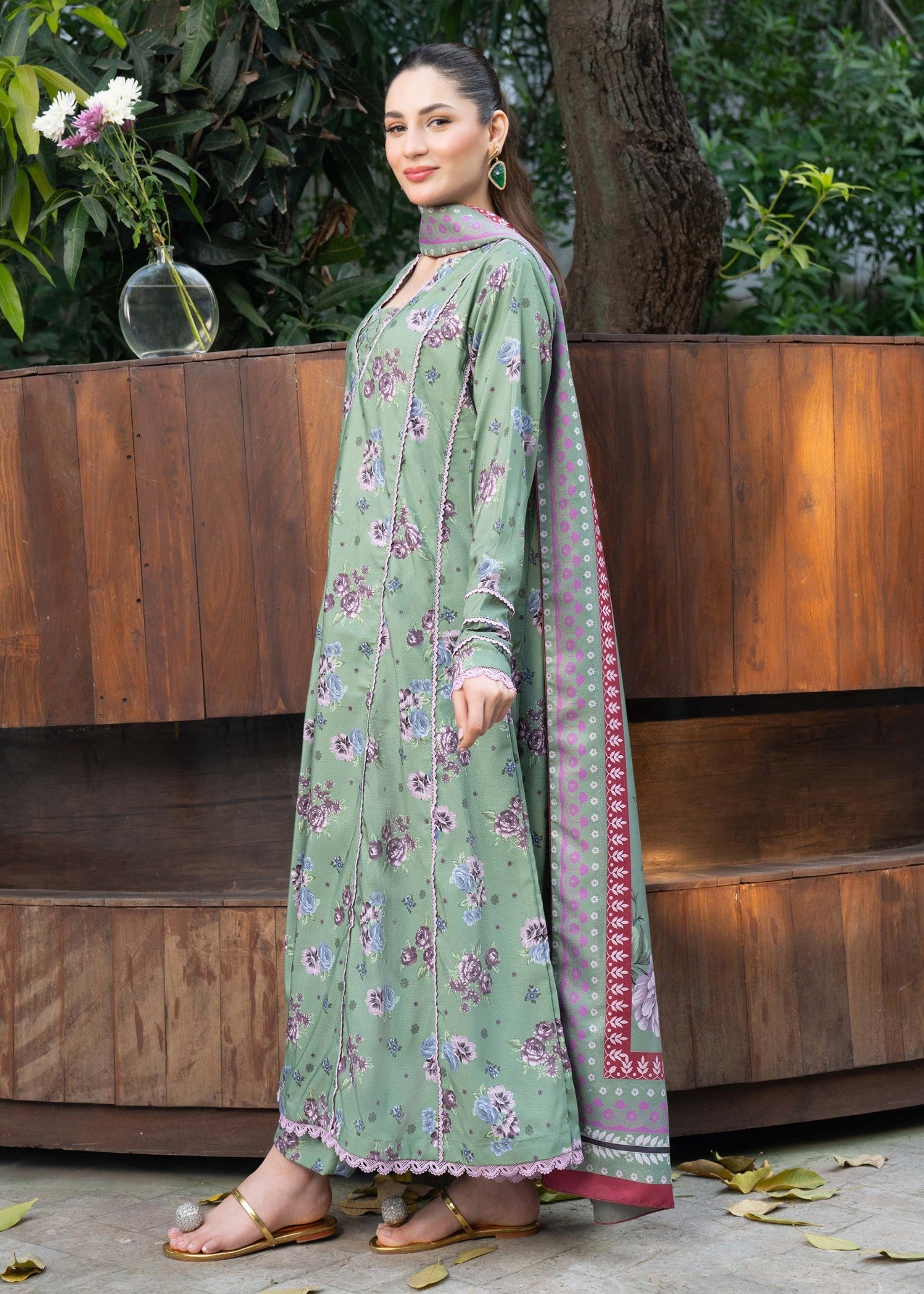 khaddar Gown in Pistachio green
