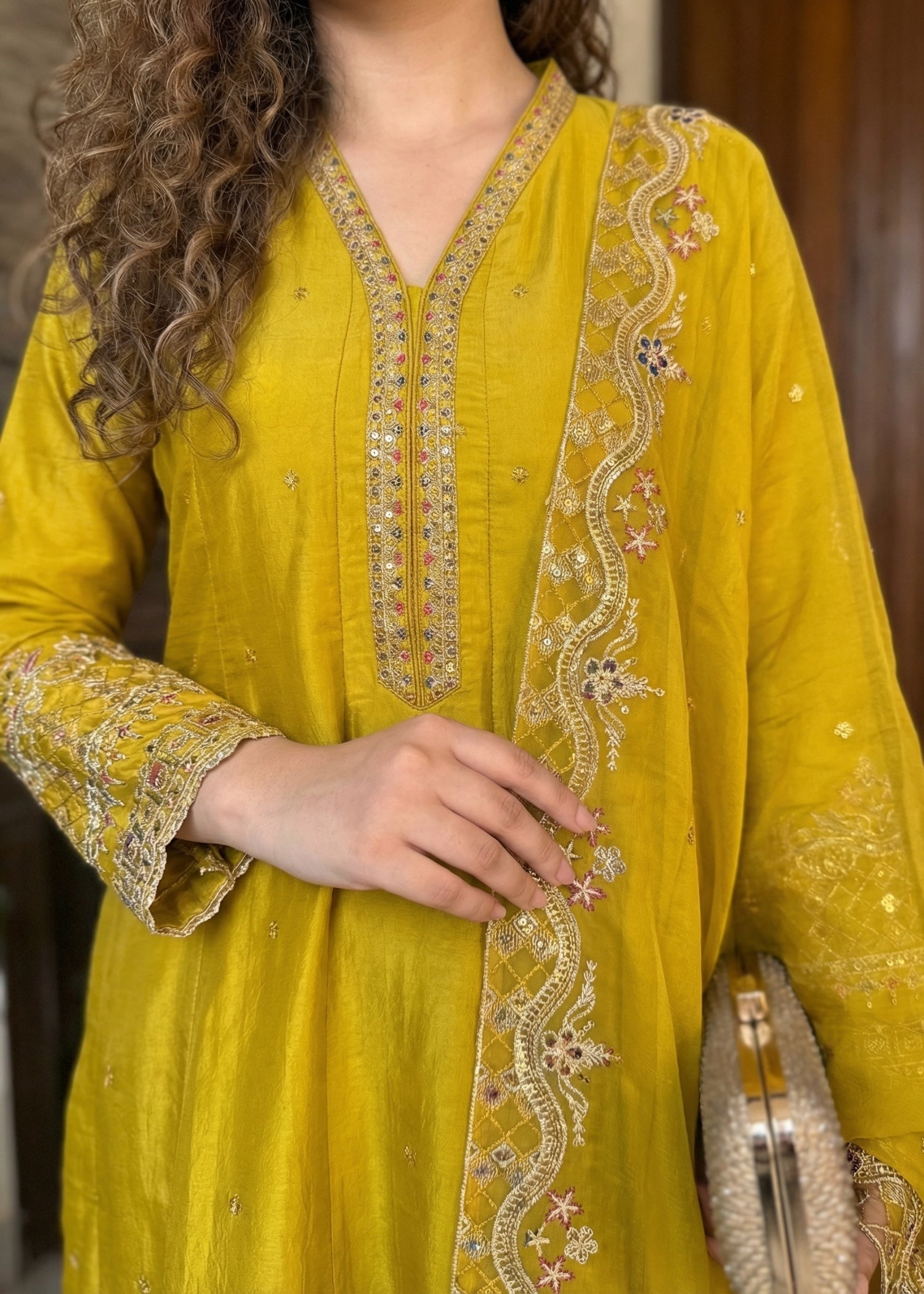 silk Pishwas in Mustard