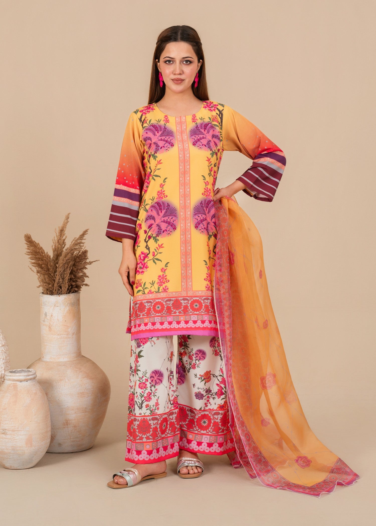 crepe Kurta Set in Yellow-orange