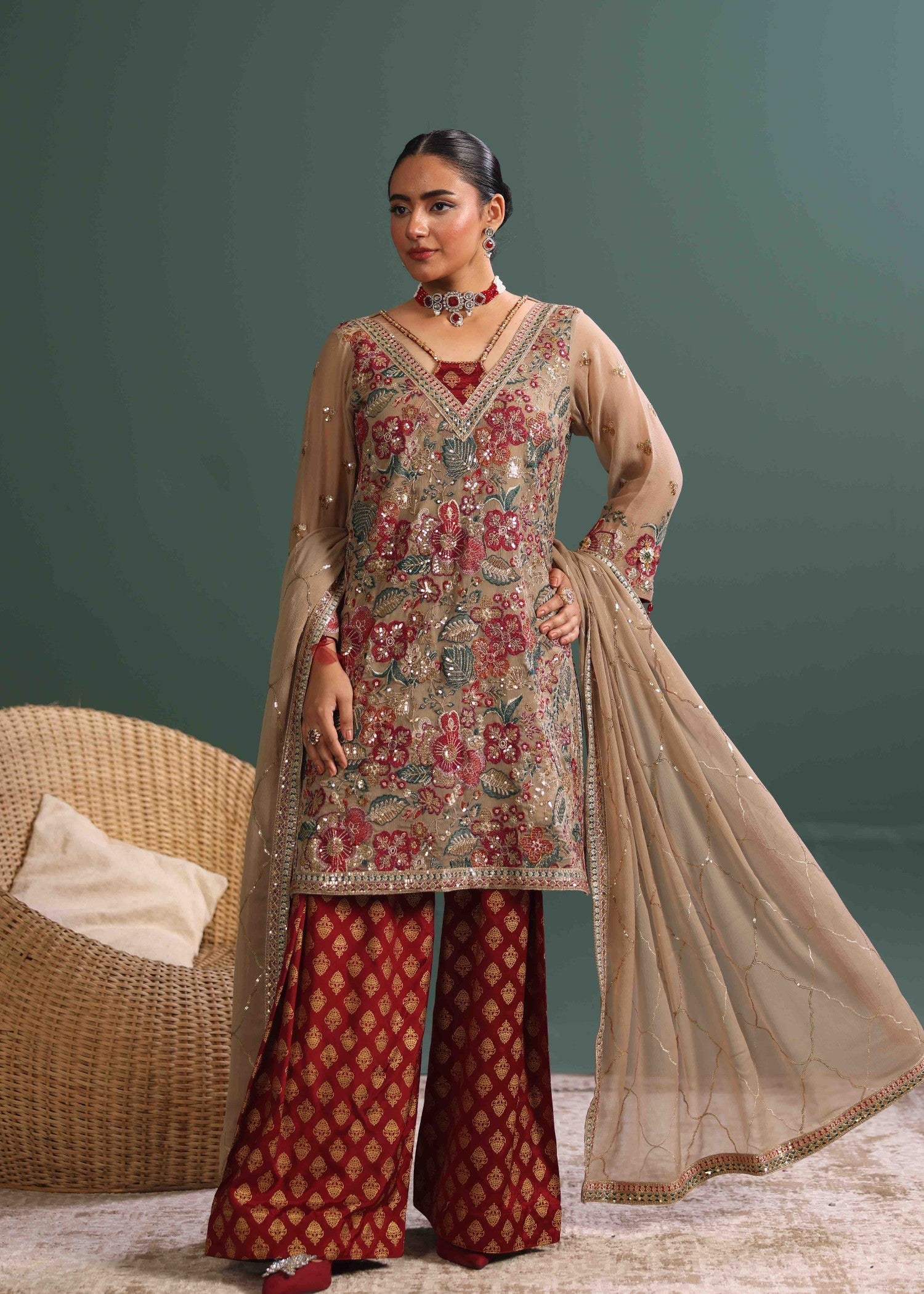crinkle chiffon Kurta Set in Warm grey