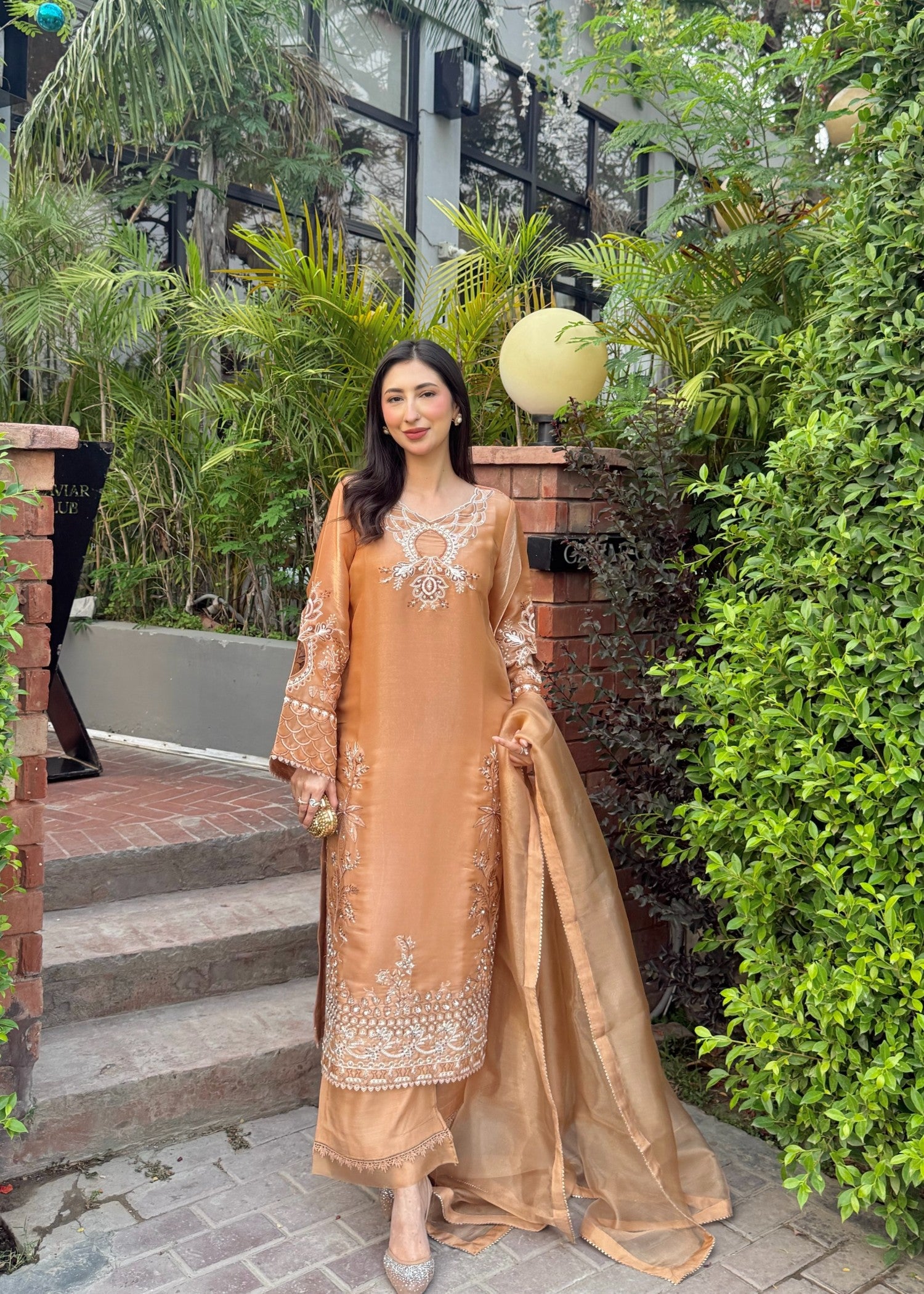 tissue silk Kurta Set in Tan brown