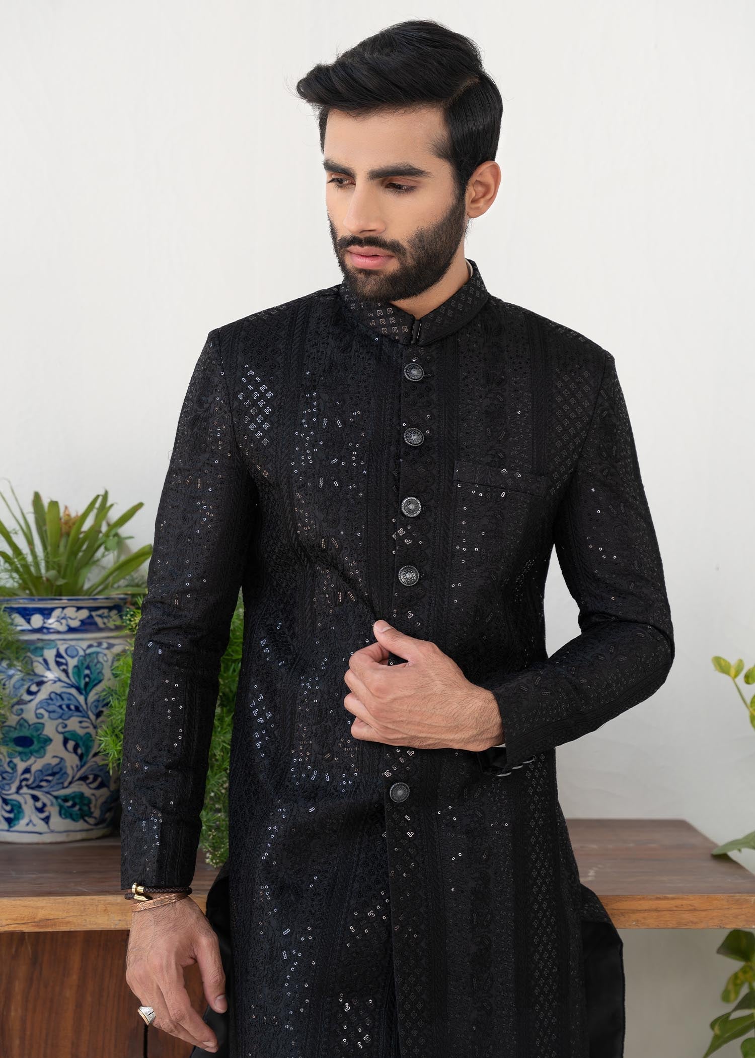 silk Sherwani in Black