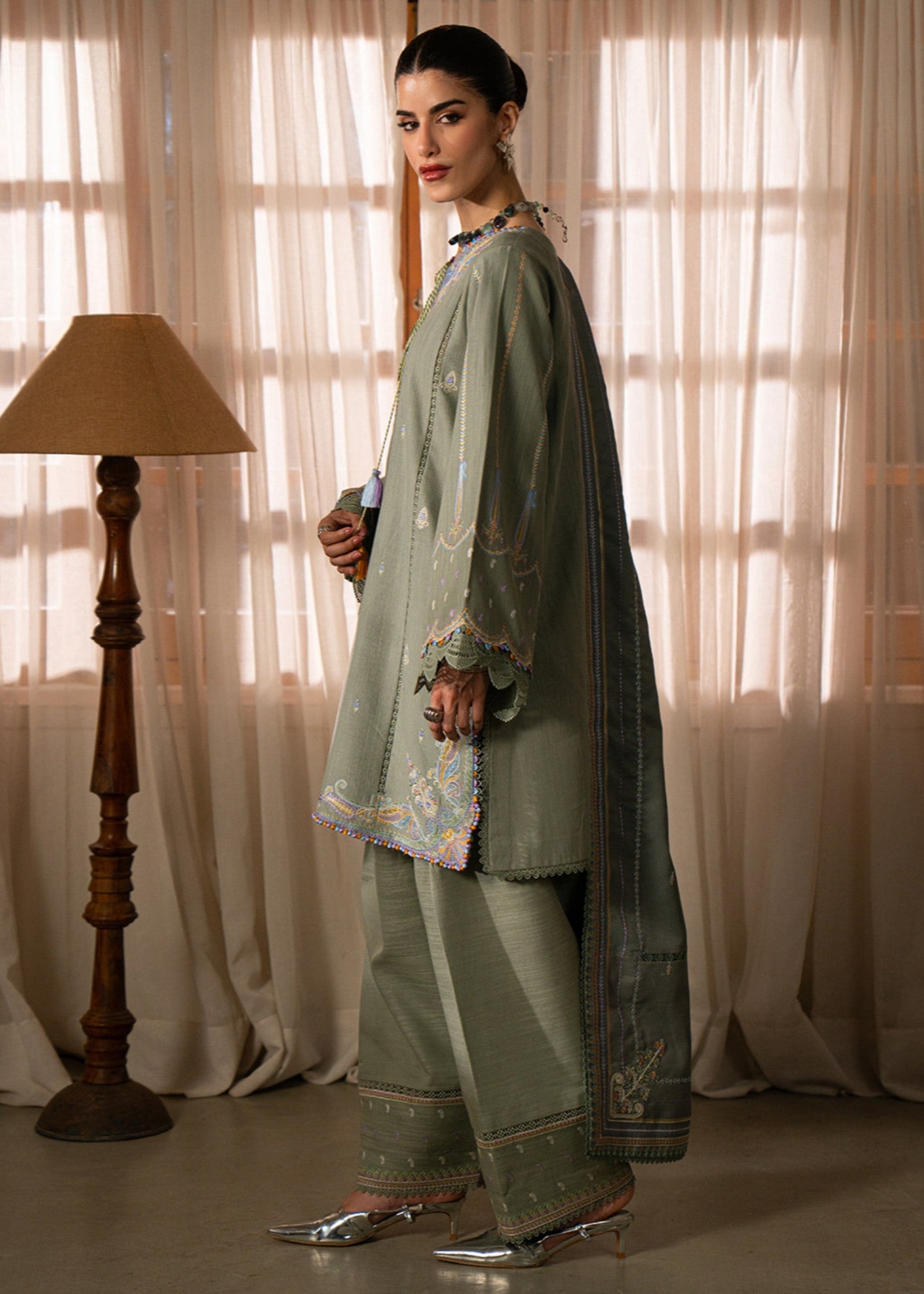 khaddar Unstitched in Sage green
