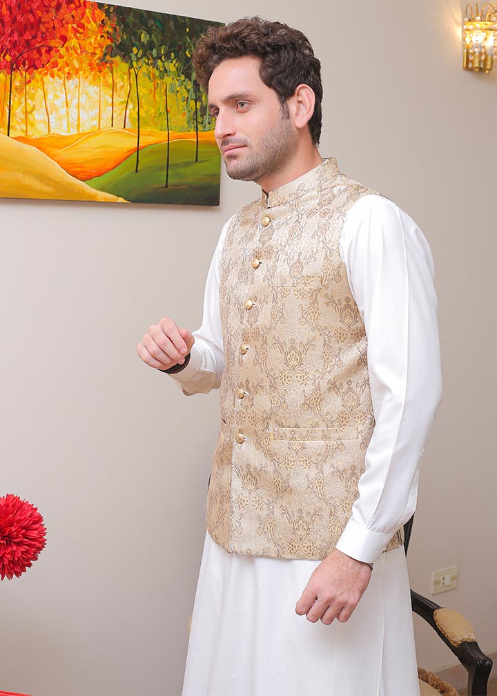 banarsi silk Waistcoat in Beige by Real Image Clothing