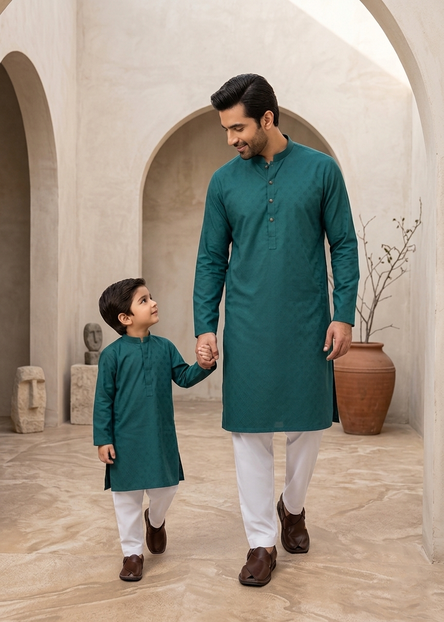 self jacquard Kurta in Teal by Atiq Ur Rehman