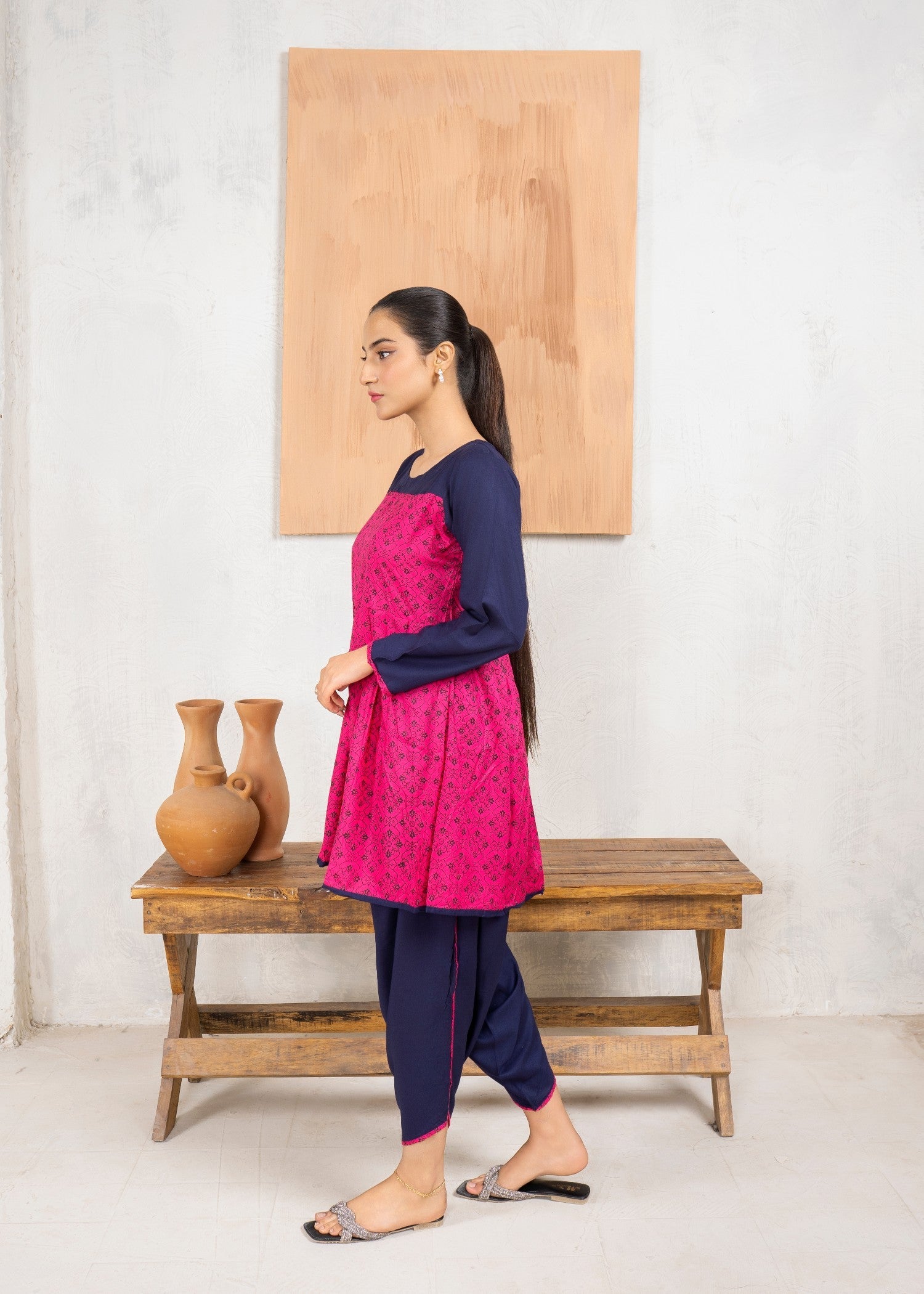 linen Short Frock in Shocking pink