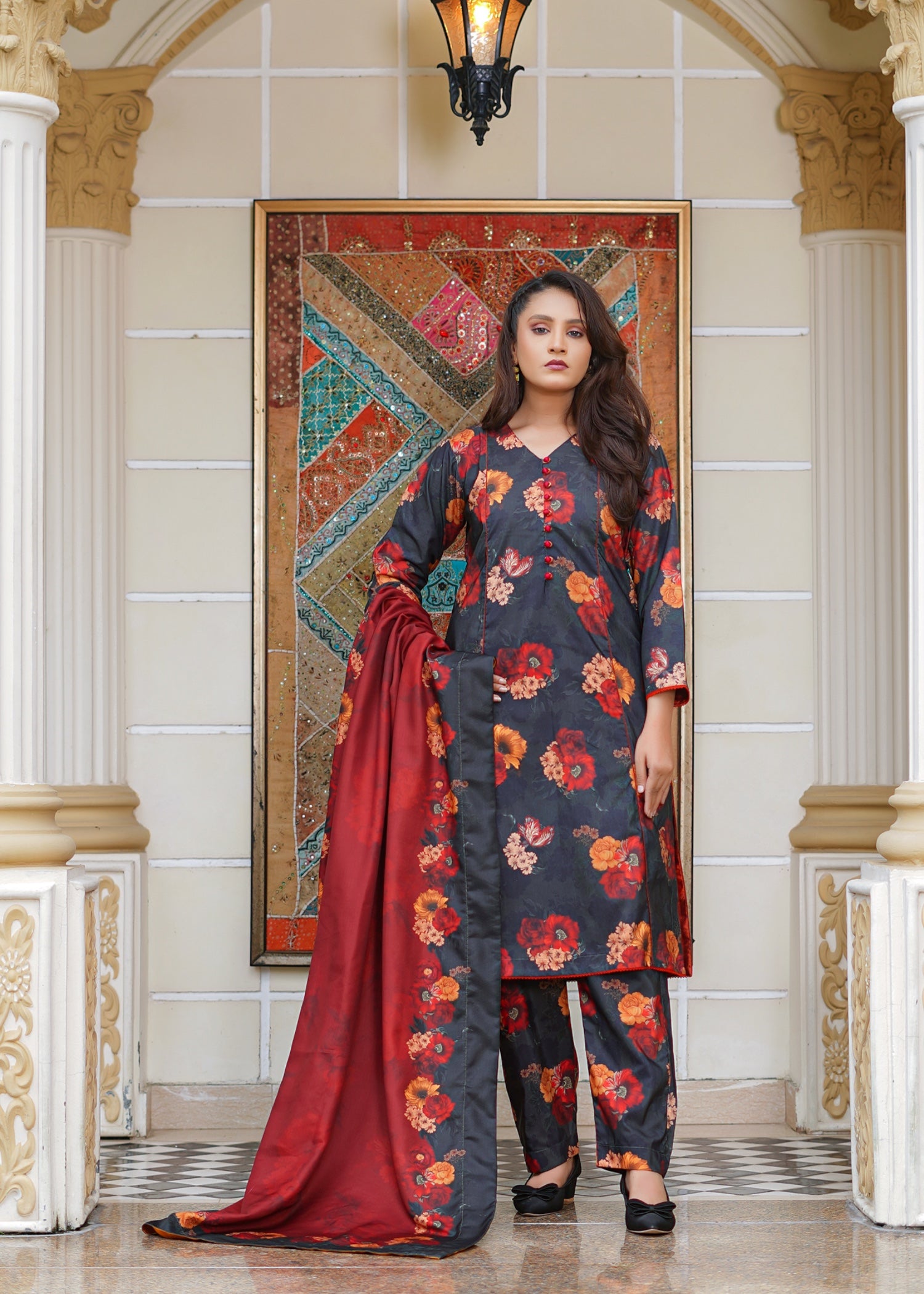 slub khaddar Kurta Set in Red, charcoal black
