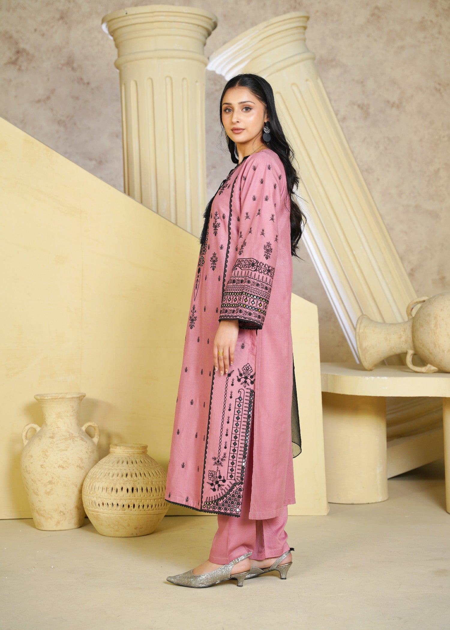 linen chambray Kurta Set in Peach pink