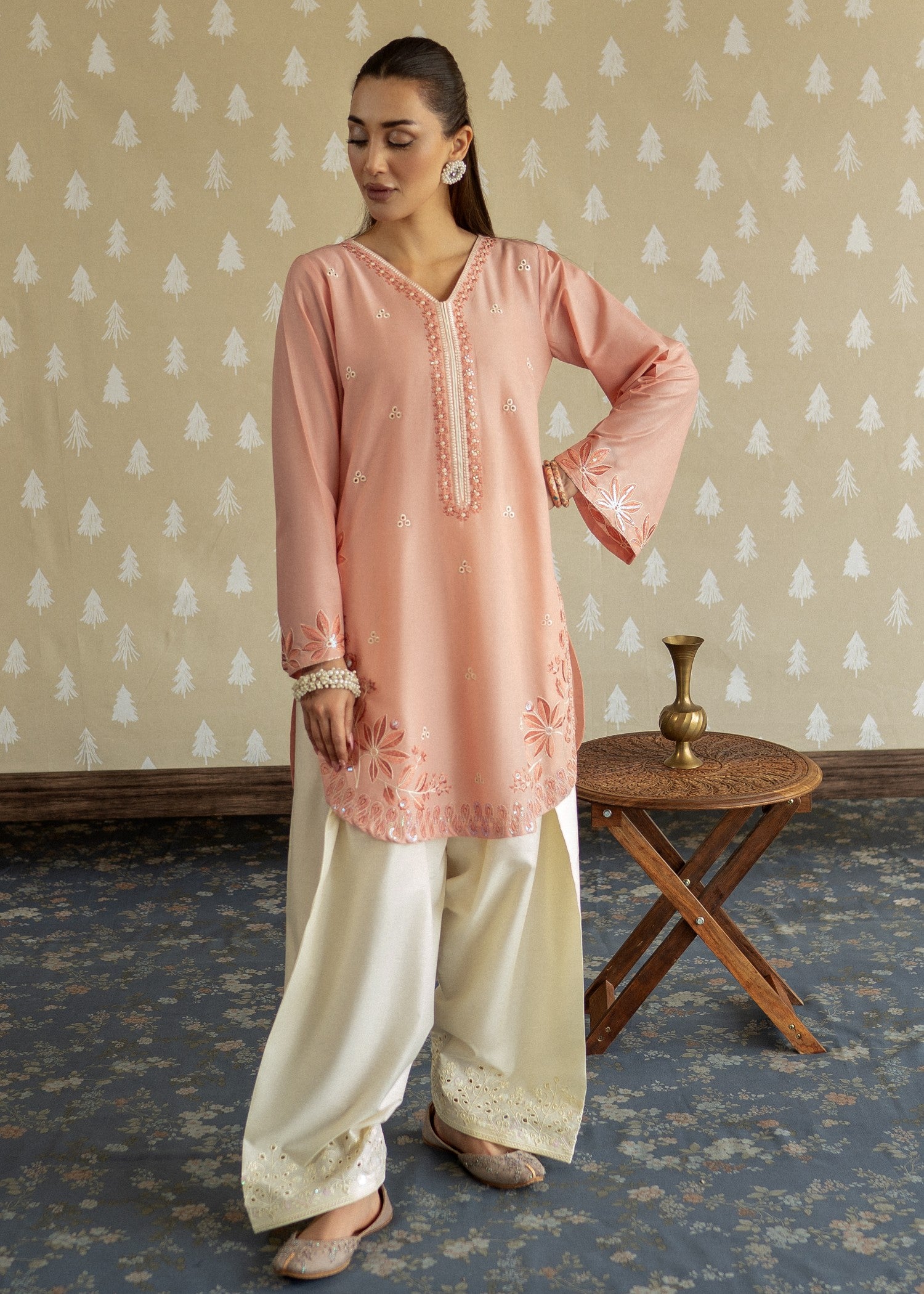 lawn Kurta Set in Off-white, peach pink