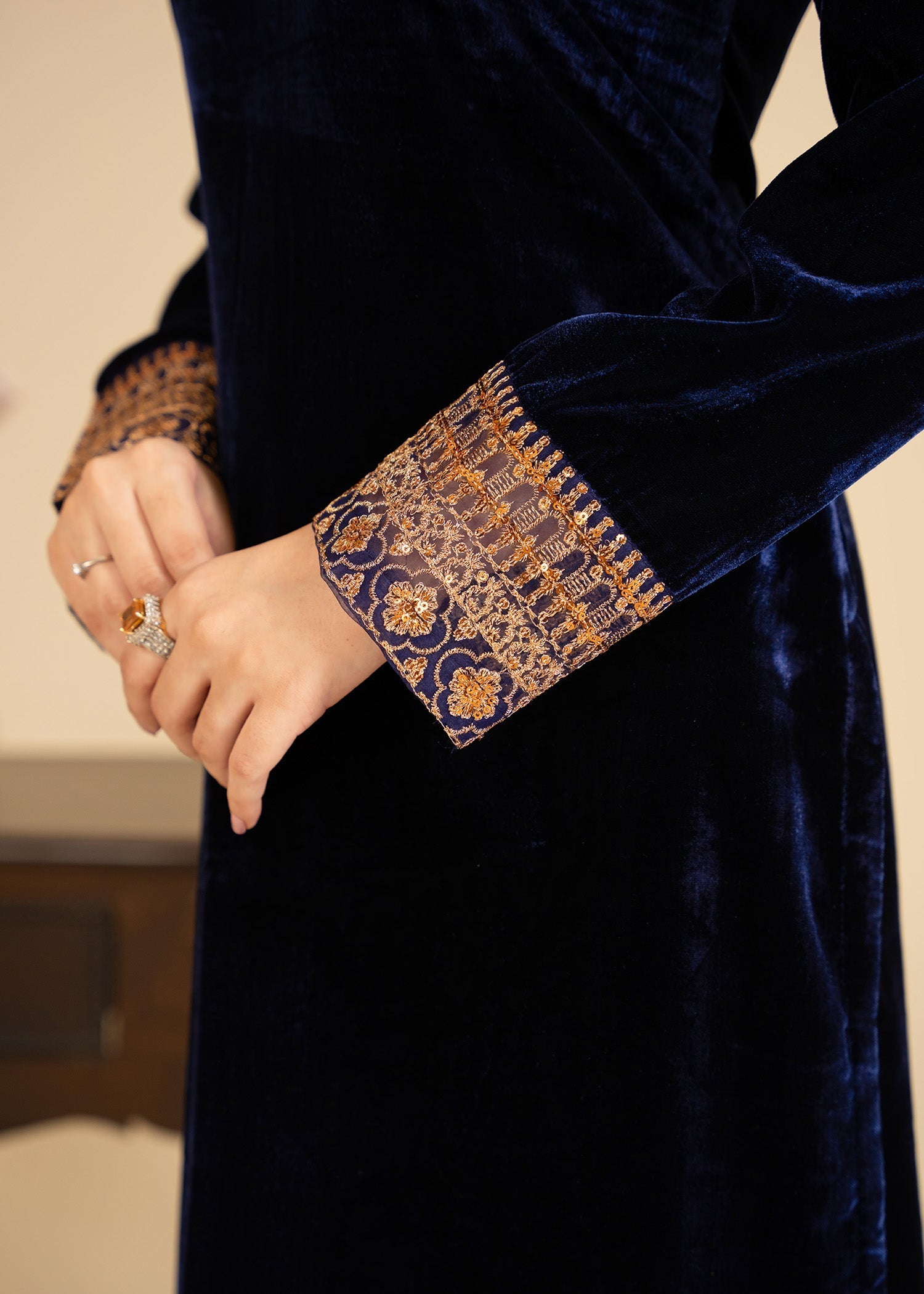 velvet Kurta Set in Navy blue