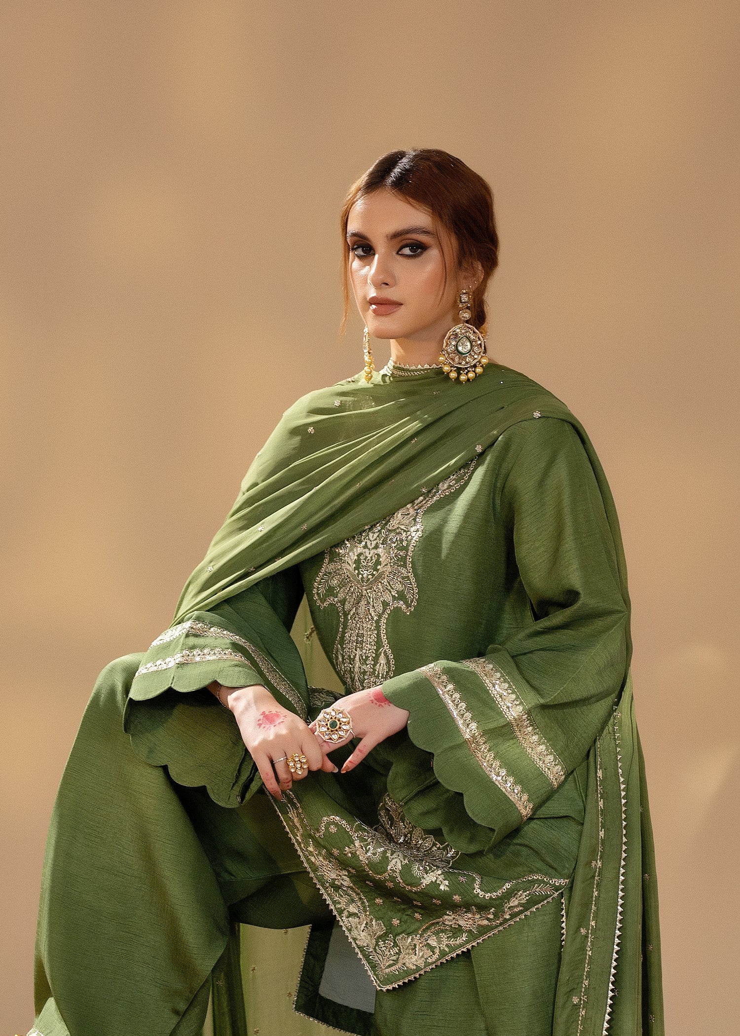 korean raw silk Kurta Set in Olive green