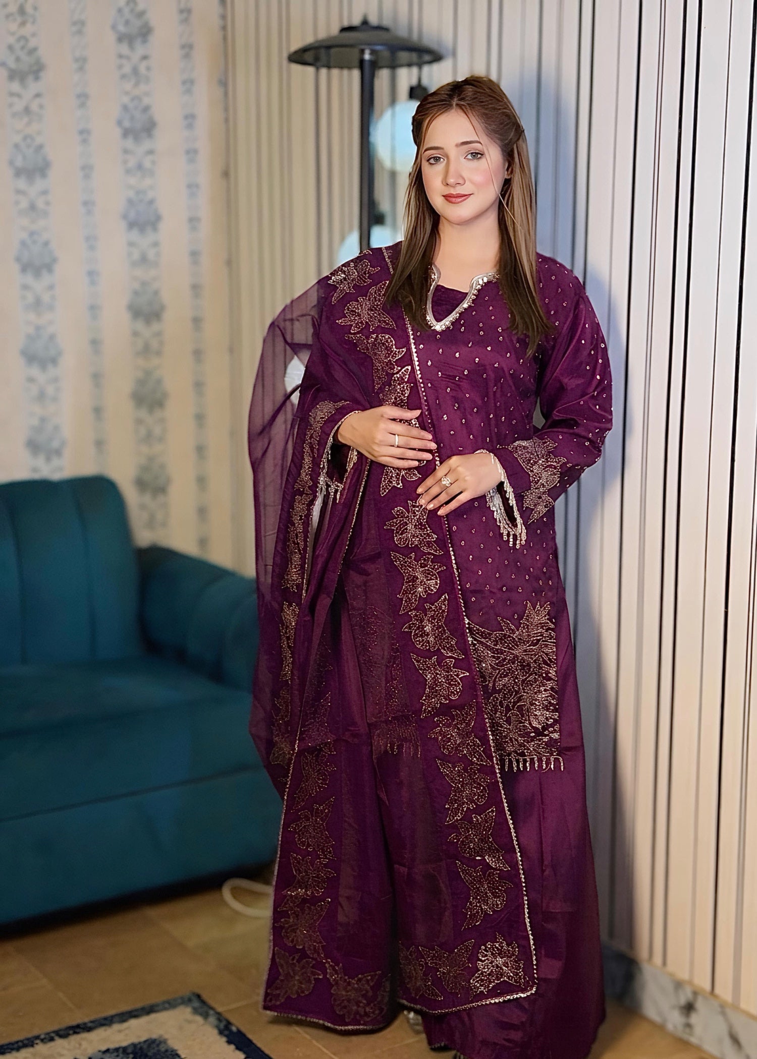 raw silk Kurta Set in Plum purple
