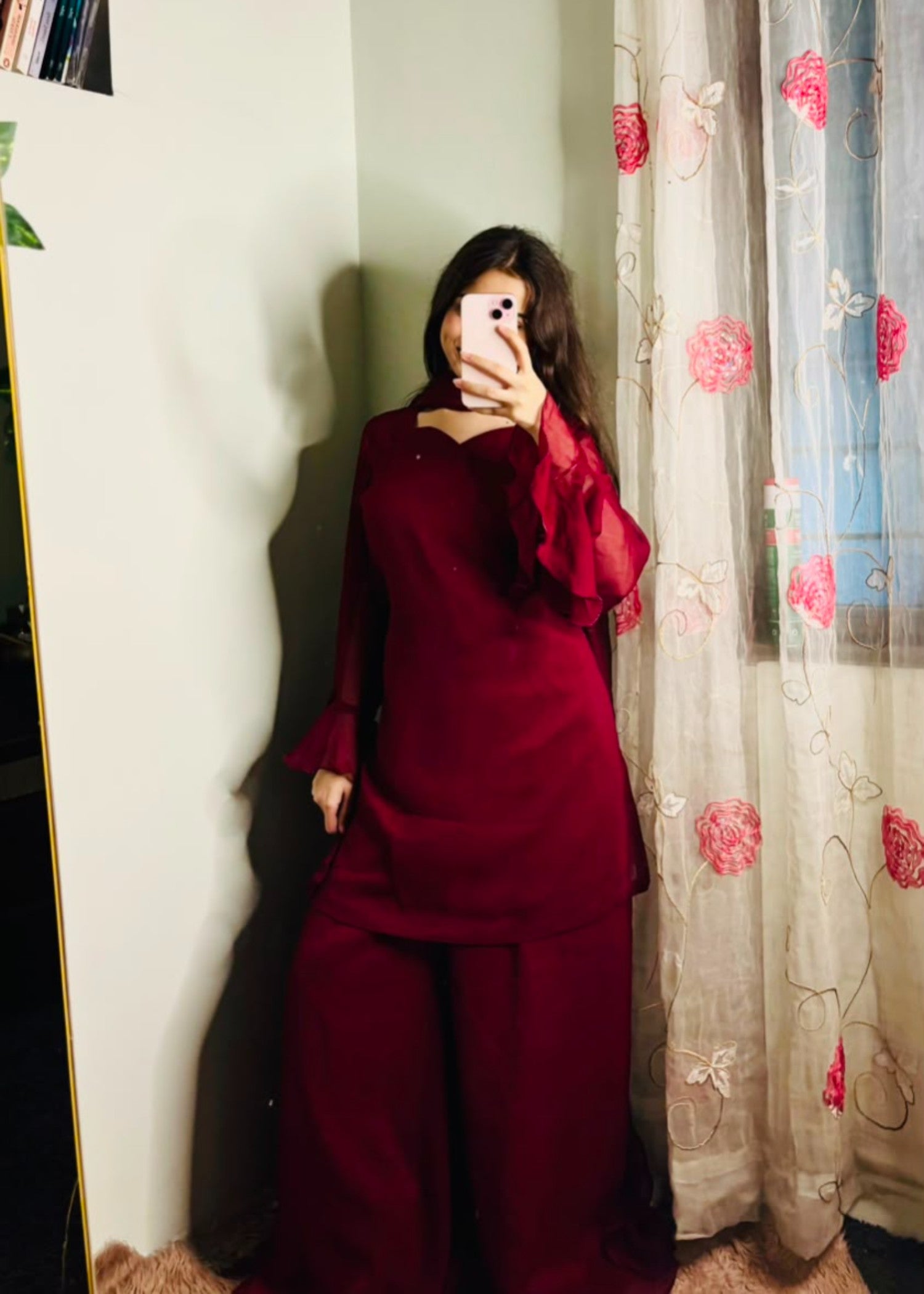 crinkle chiffon Kurta Set in Wine red