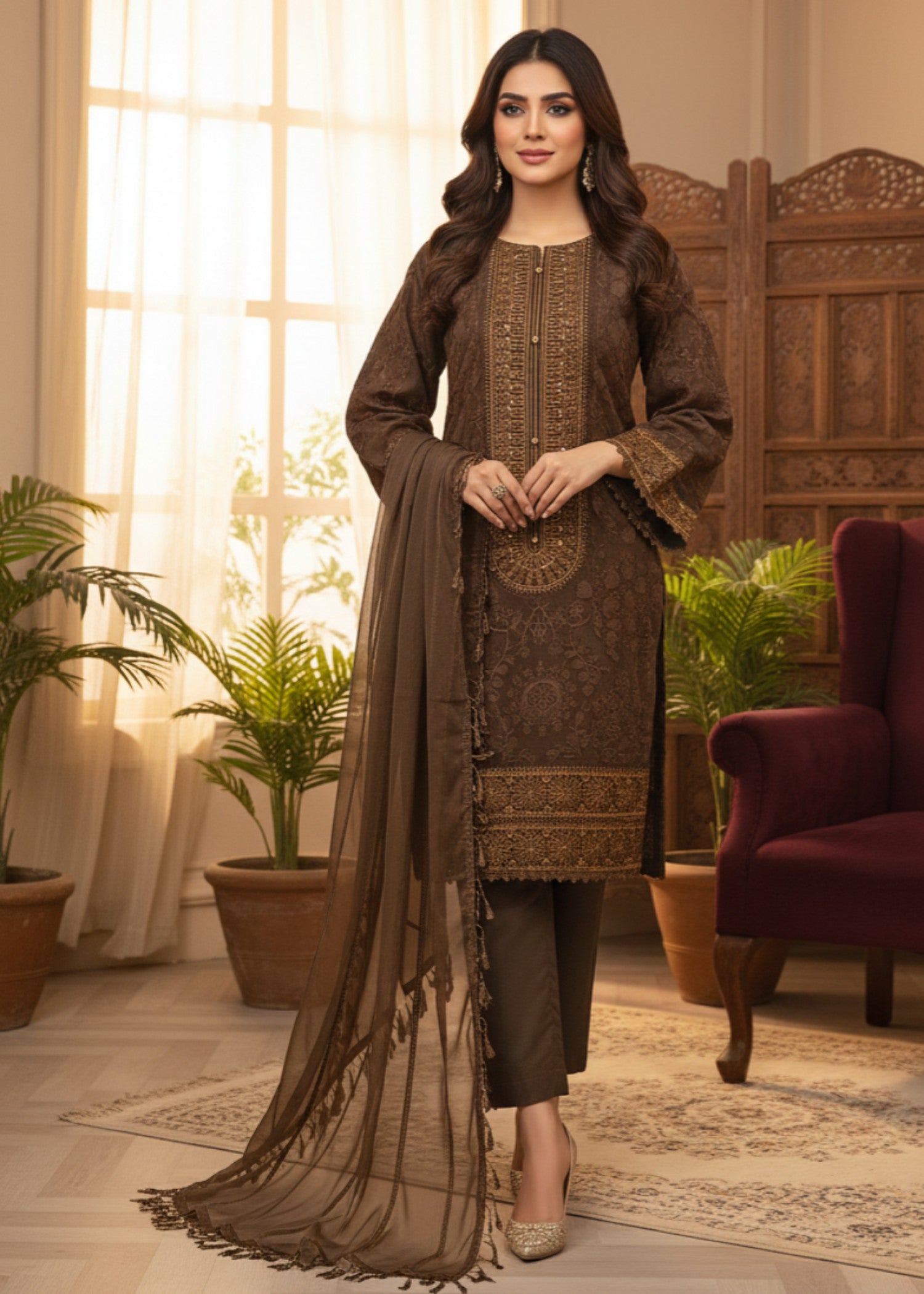 organza Kurta Set in Coffee brown