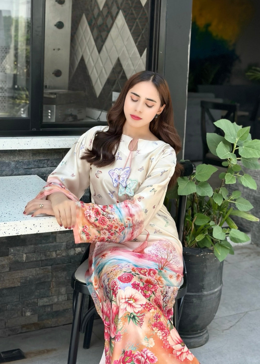 pk charmuse silk Kaftan in Ivory, champagne