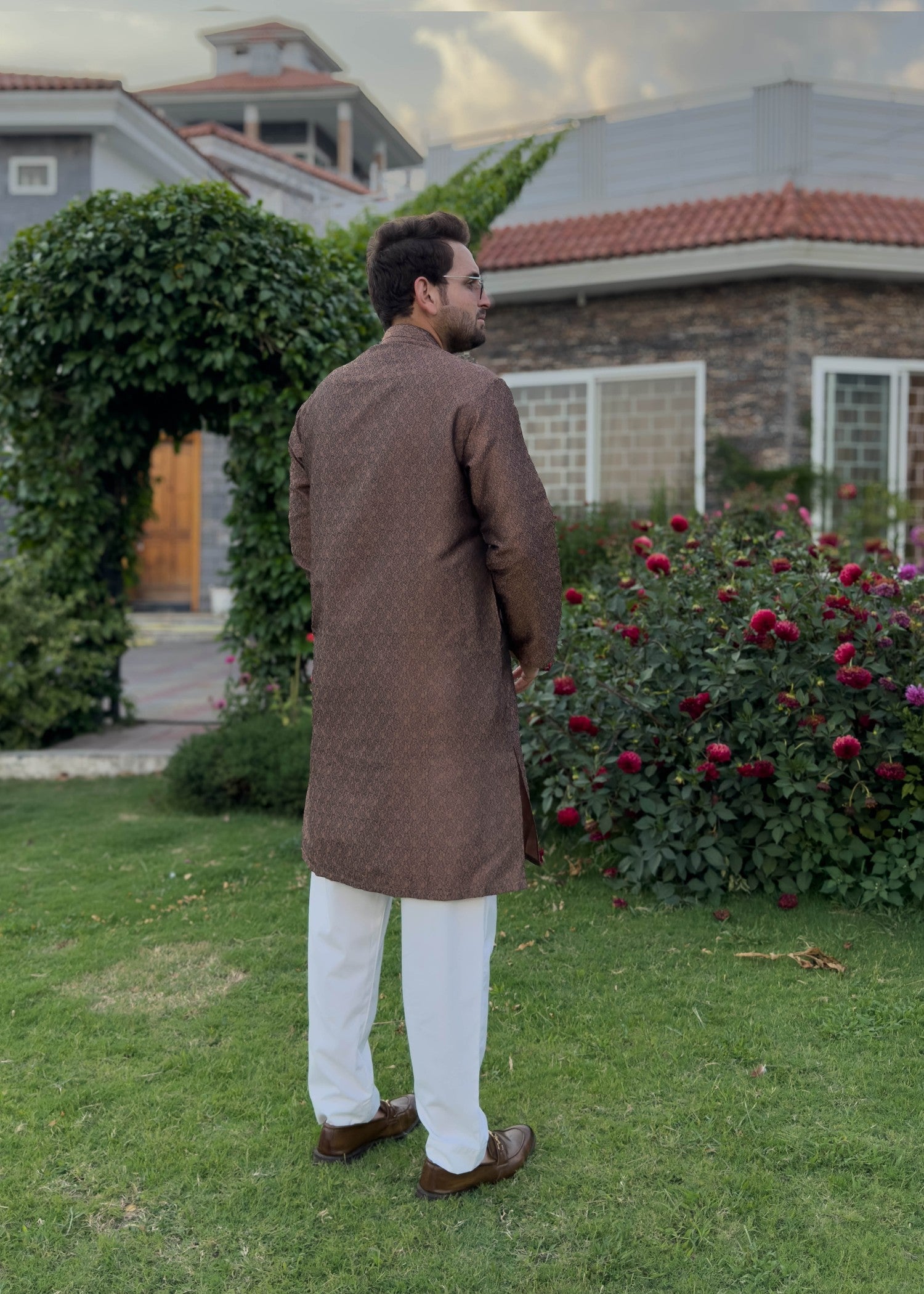 traditional jamawar Kurta in Golden brown